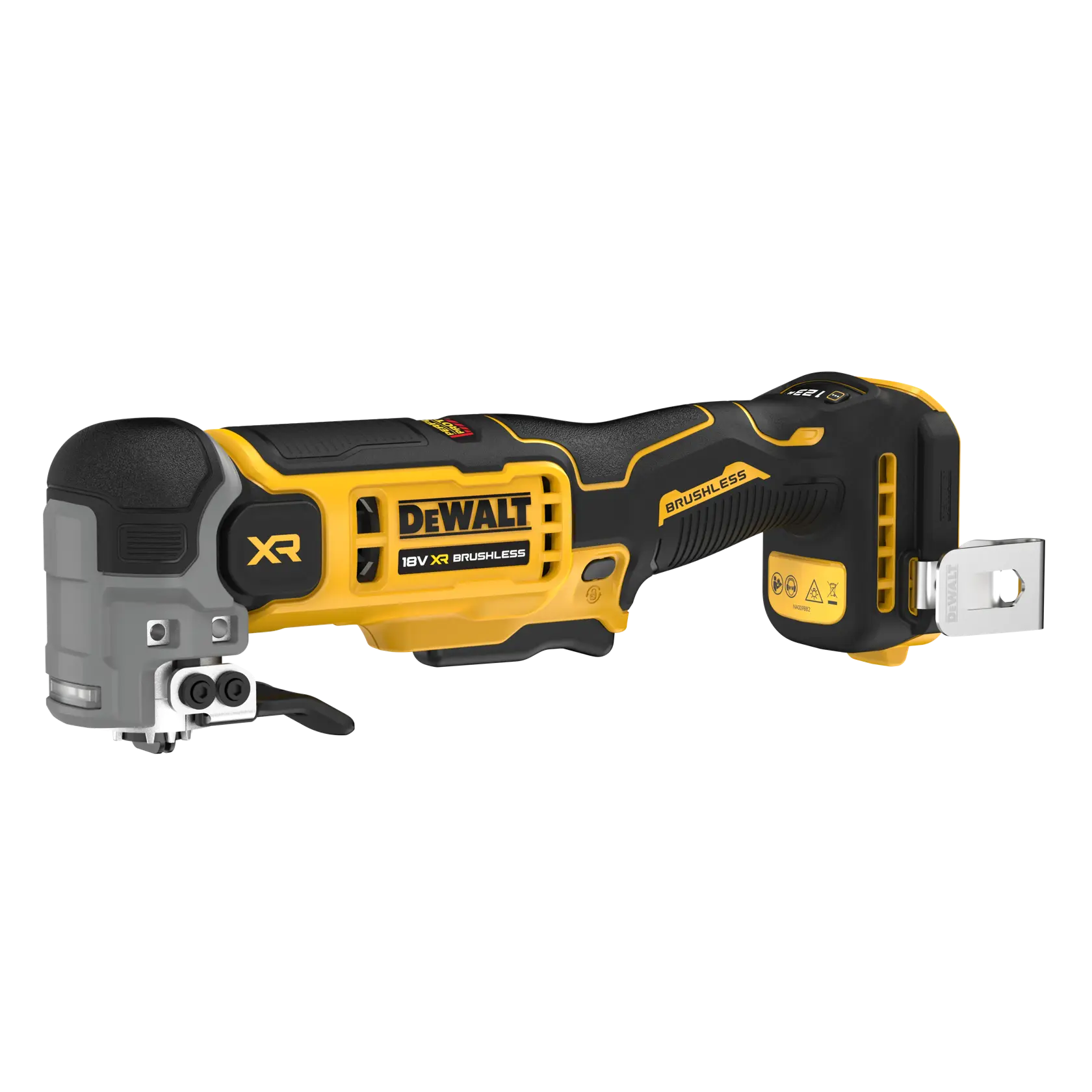 DEWALT 18V XR brushless cordless multi-tool, black and yellow, shown on a white background.