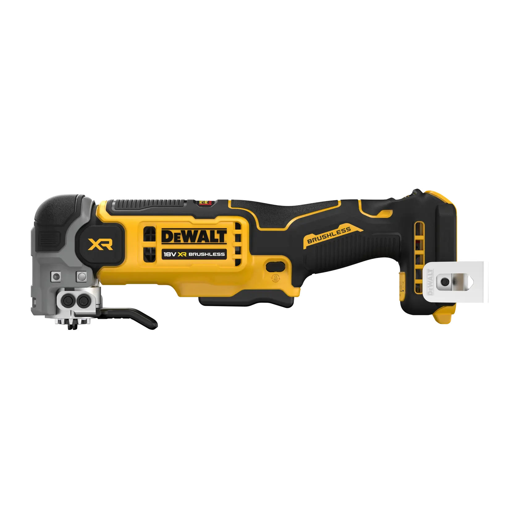 DEWALT 18V XR Brushless cordless power tool in yellow and black, shown side view with attachment.