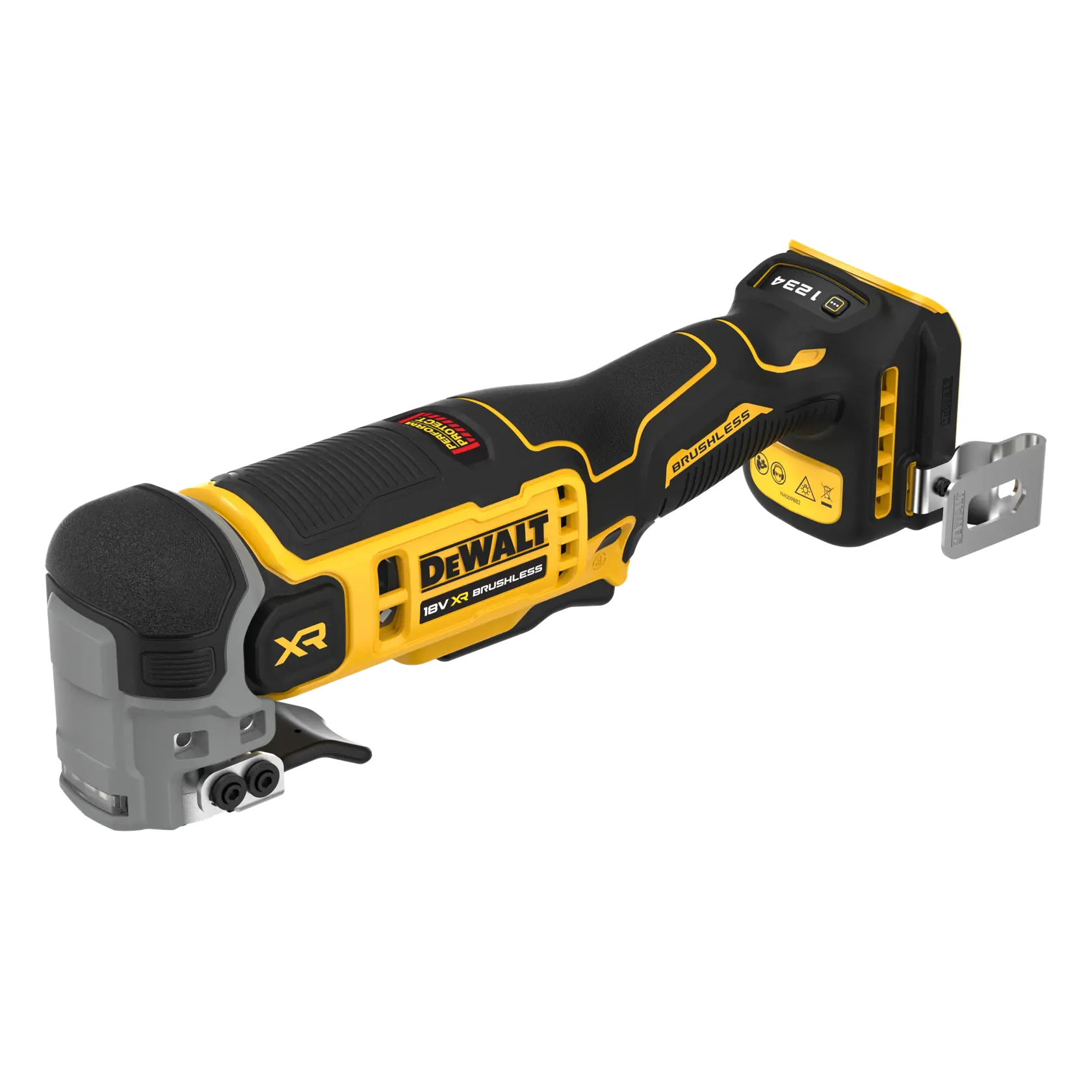 DEWALT 18V XR brushless oscillating multi-tool with ergonomic grip and yellow-black design, displayed on white.