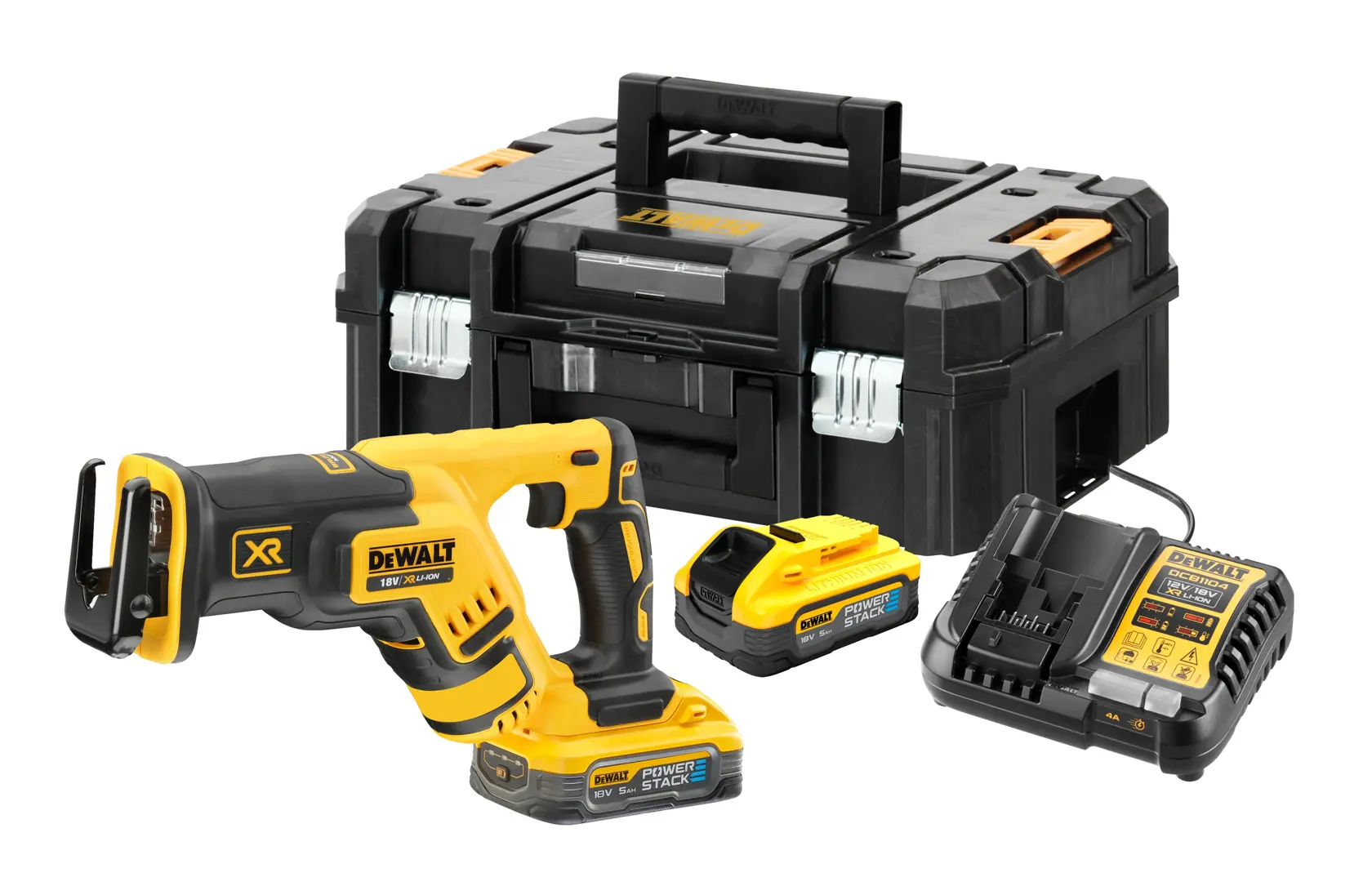 A DEWALT DCS367H2T cordless reciprocating saw set, including the yellow and black saw, two POWERSTACK 18V batteries, a battery charger, and a sturdy black carrying case with handle.