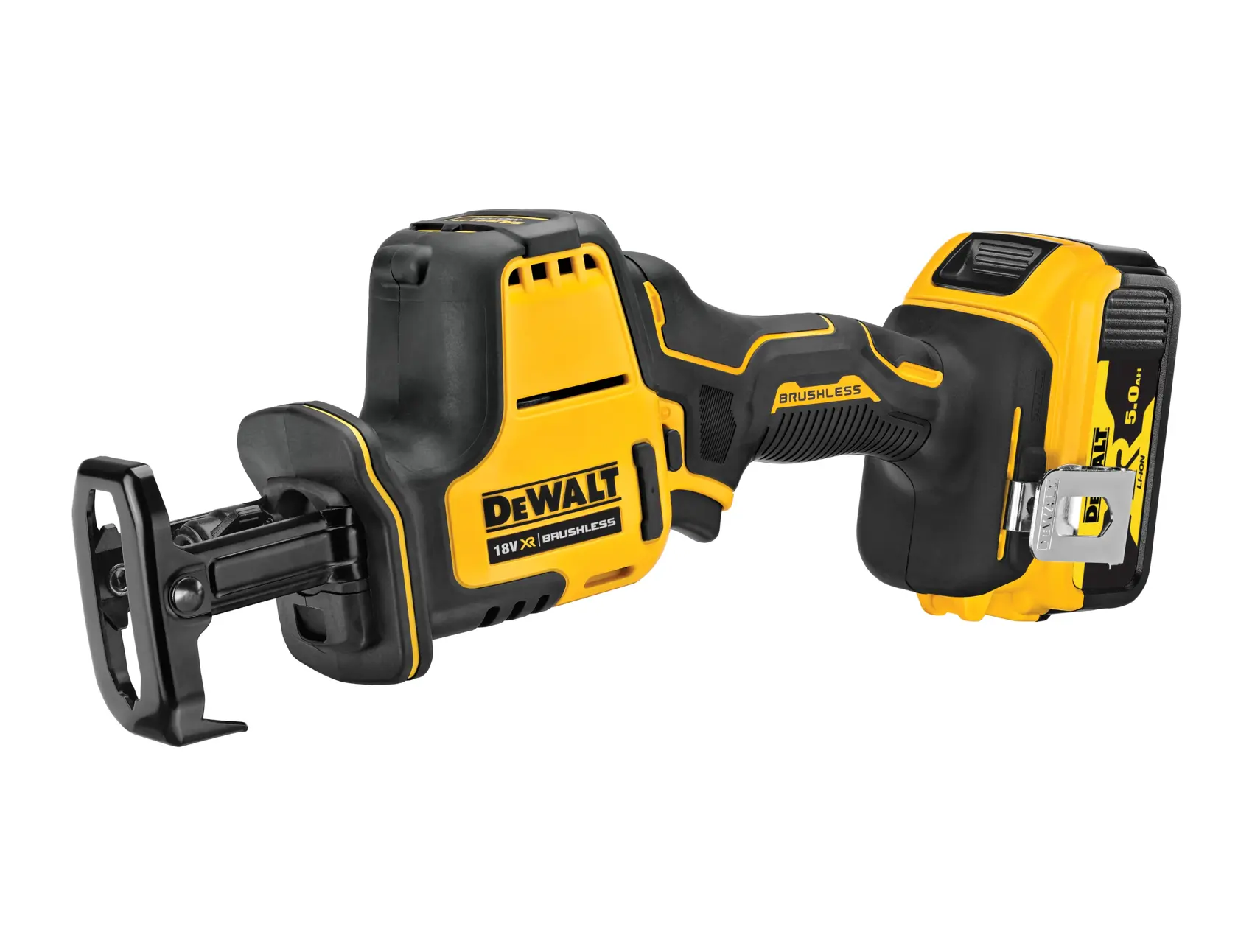 Una sierra recíproca inalámbrica DEWALT 18V XR Brushless con diseño amarillo y negro, equipada con batería.