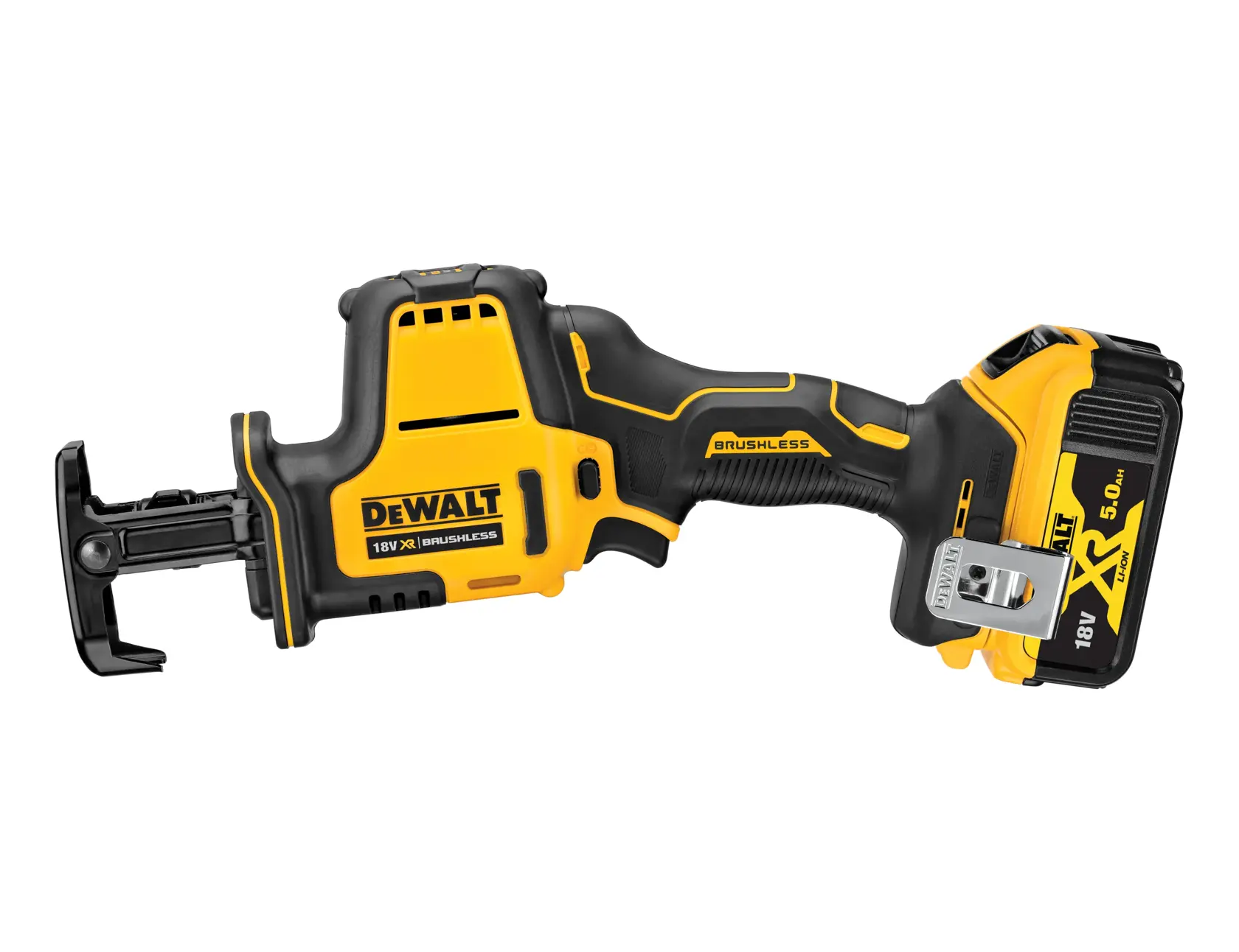 Sierra recíproca DEWALT 18V XR Brushless con batería de ion de litio de 5,0 Ah, mostrando el diseño amarillo y negro de la herramienta.
