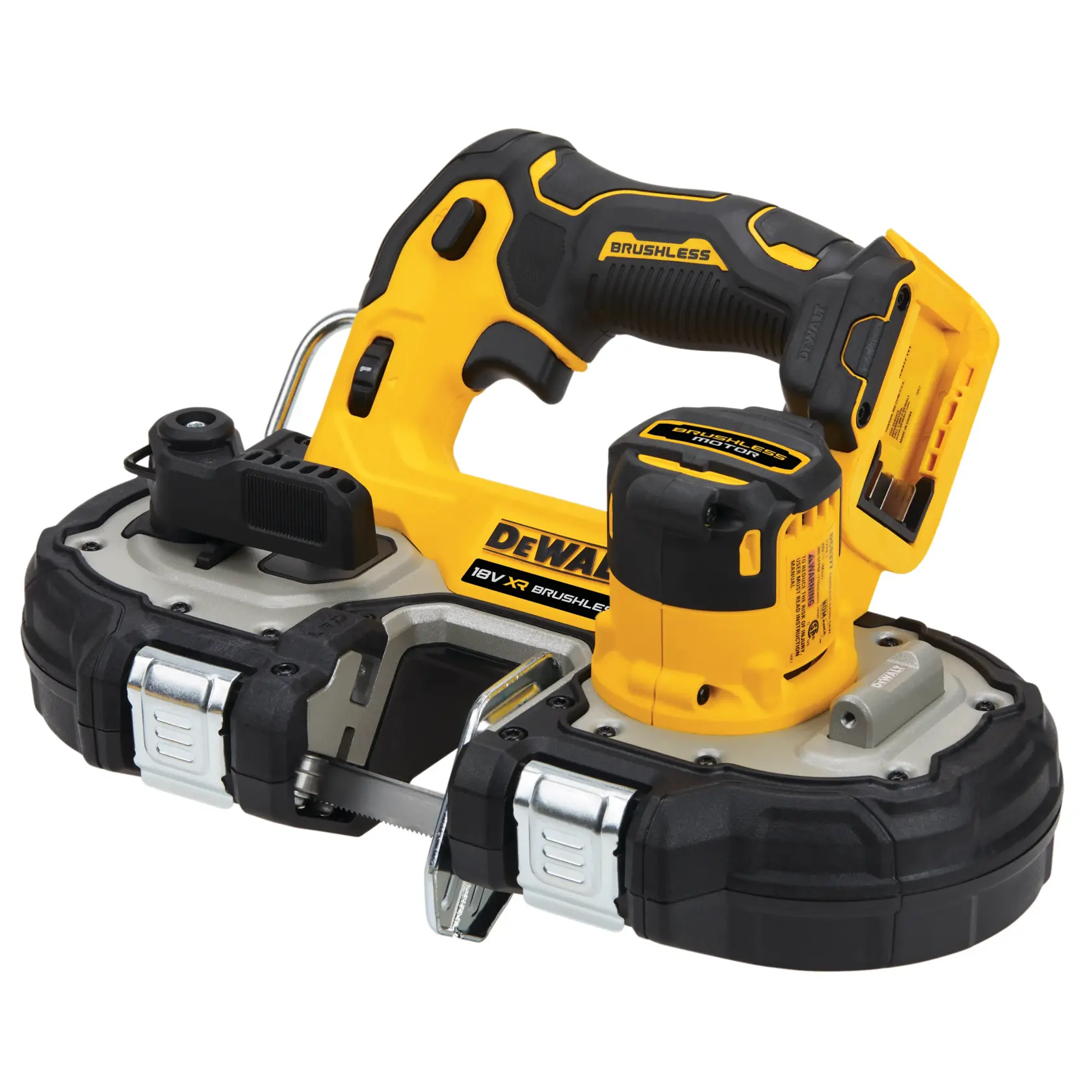 Sierra de banda inalámbrica DEWALT, amarilla y negra, motor sin escobillas y mango ergonómico.