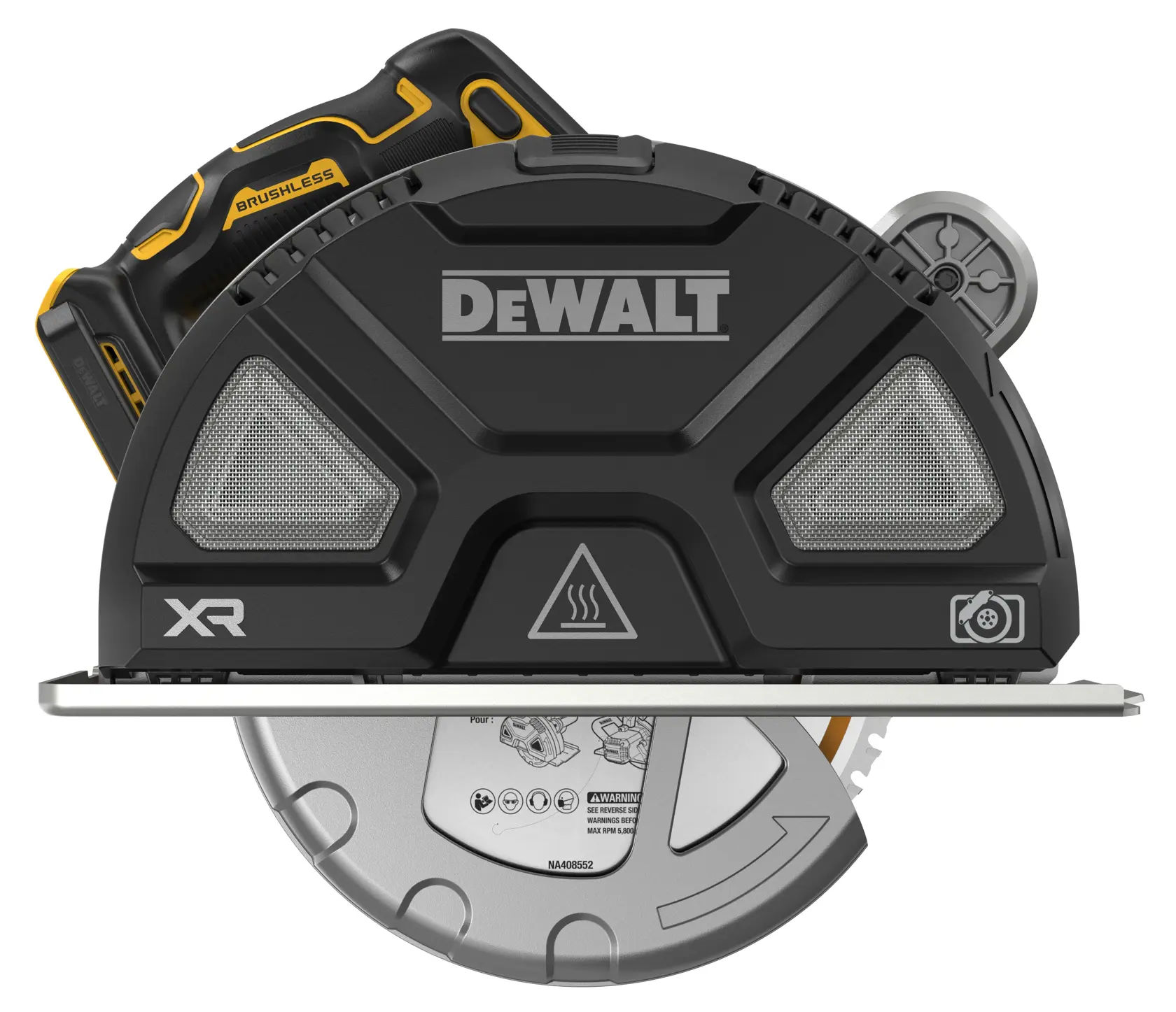 DEWALT saw for photography, models DCS383N and DCS383N-XJ, shown with blade and XR marking.