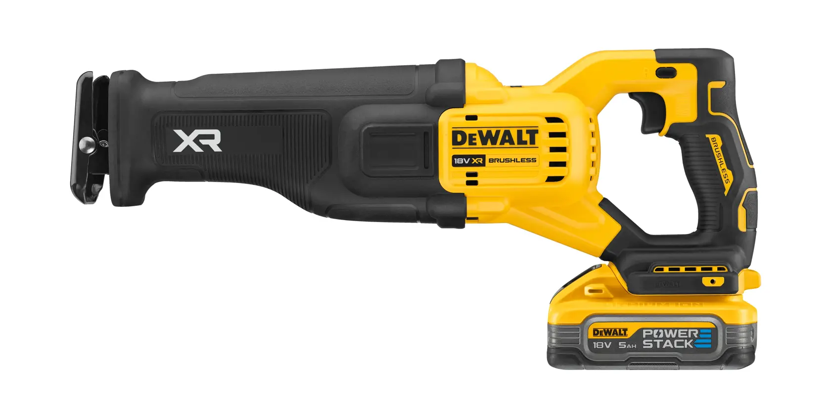A DEWALT XR 18V cordless reciprocating saw with brushless motor, shown with a POWERSTACK battery attached. The tool features a black and yellow ergonomic design.