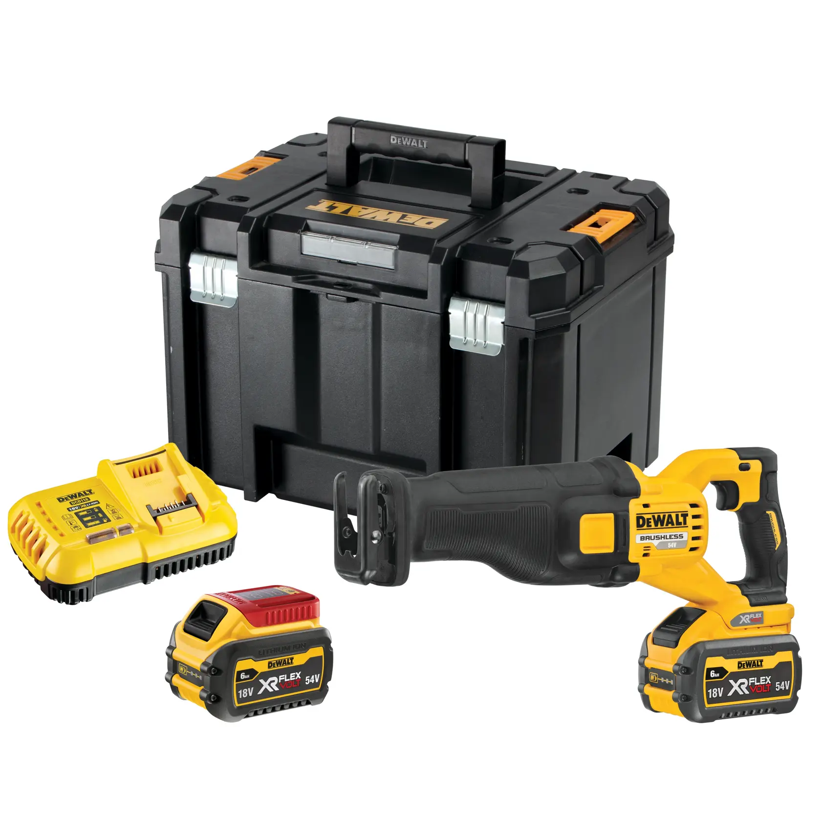 Kit de sierra sable inalámbrica DEWALT con cargador, dos baterías y maletín negro.