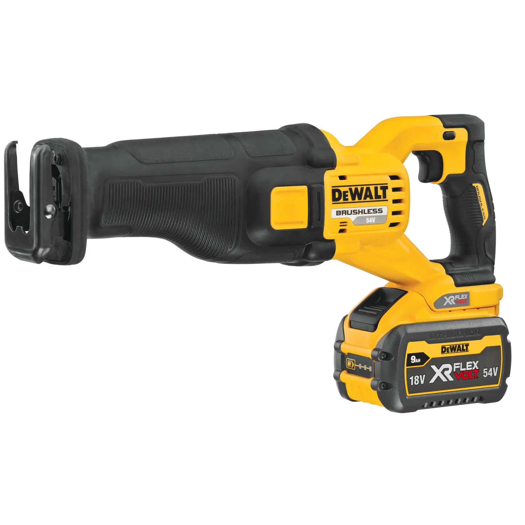 DEWALT cordless reciprocating saw with XR FLEXVOLT 18V/54V battery, black and yellow body.