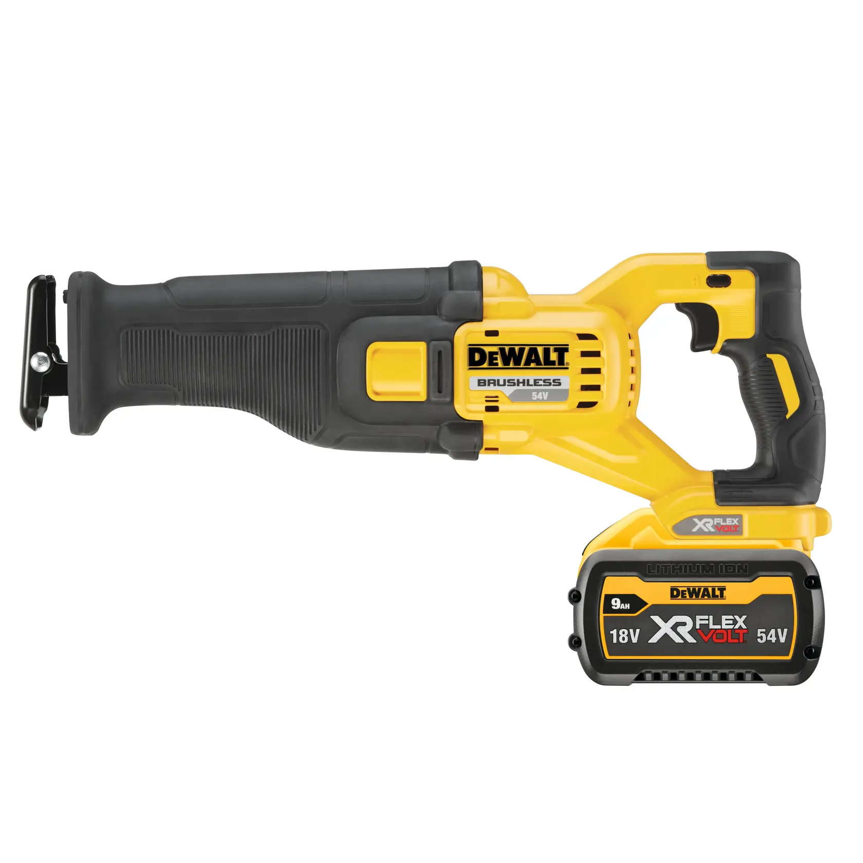 DEWALT cordless reciprocating saw with brushless 54V motor and XR FLEXVOLT lithium-ion battery.