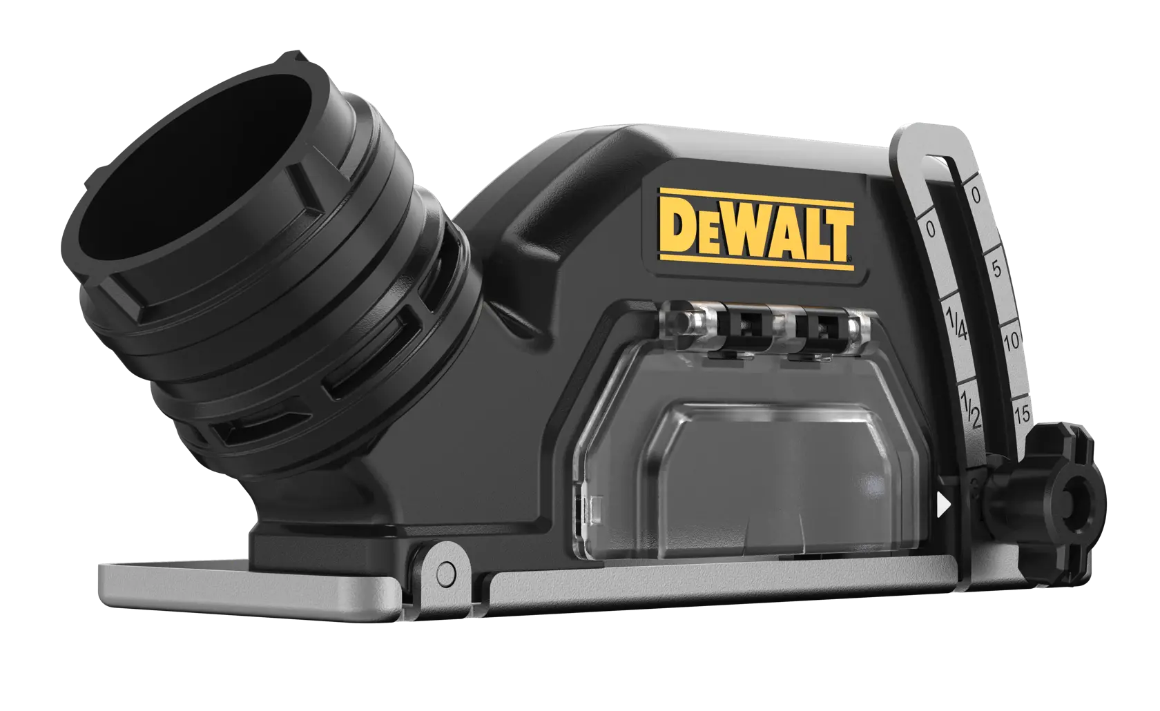 A close-up image of a DEWALT branded black and silver power tool accessory. The accessory features a round connector, adjustment dial with marked measurements, and a transparent compartment.