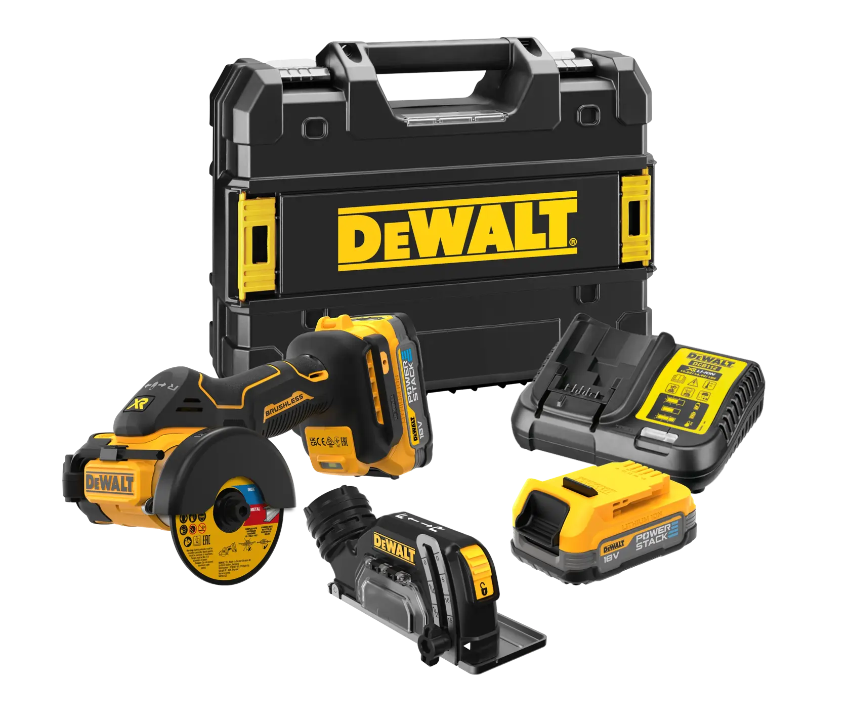 DEWALT power tool set including an angle grinder, compact battery, charger, accessory, and a black carrying case with yellow DEWALT branding, displayed on a white background.