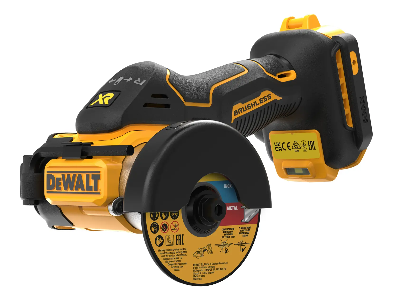 Herramienta de corte inalámbrica DEWALT DCS438N sin escobillas, con protector y marca DEWALT, mostrada con un disco de corte para metal.