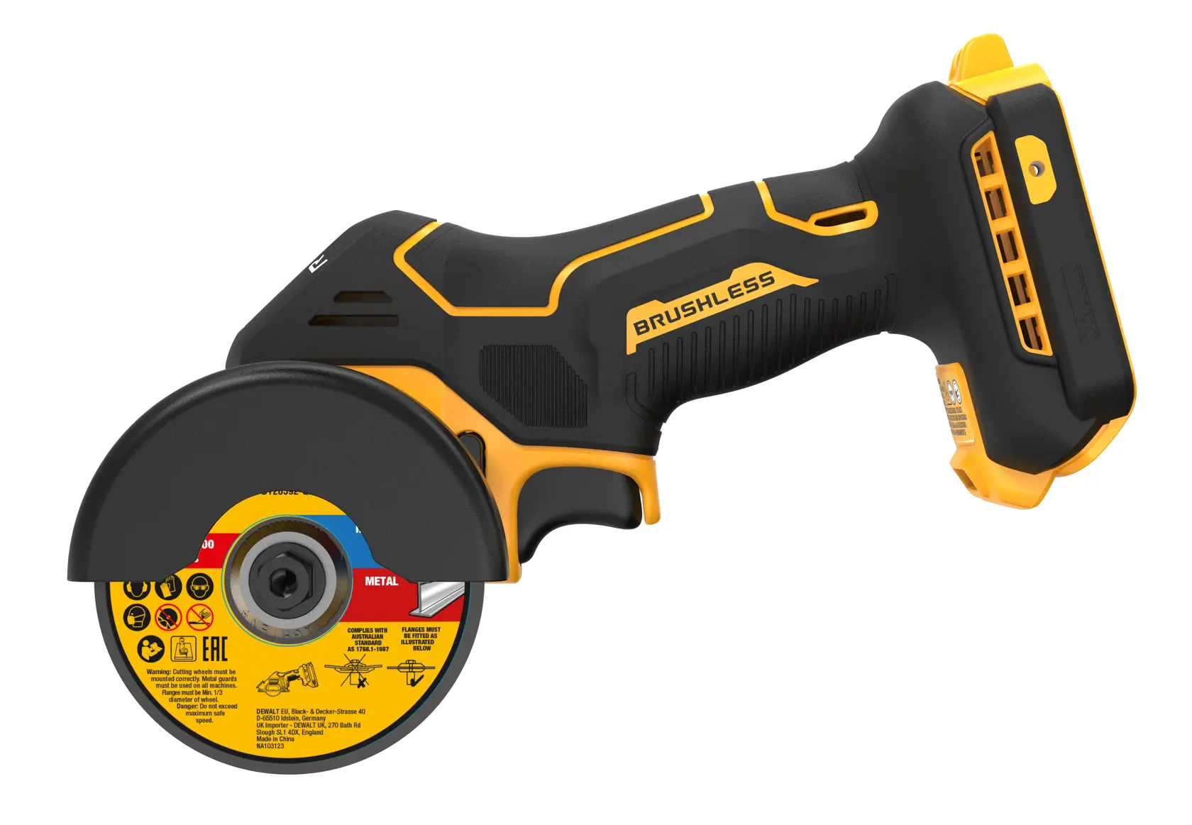 Una amoladora angular inalámbrica brushless DEWALT con un diseño amarillo y negro, que cuenta con una protección alrededor del disco de corte.