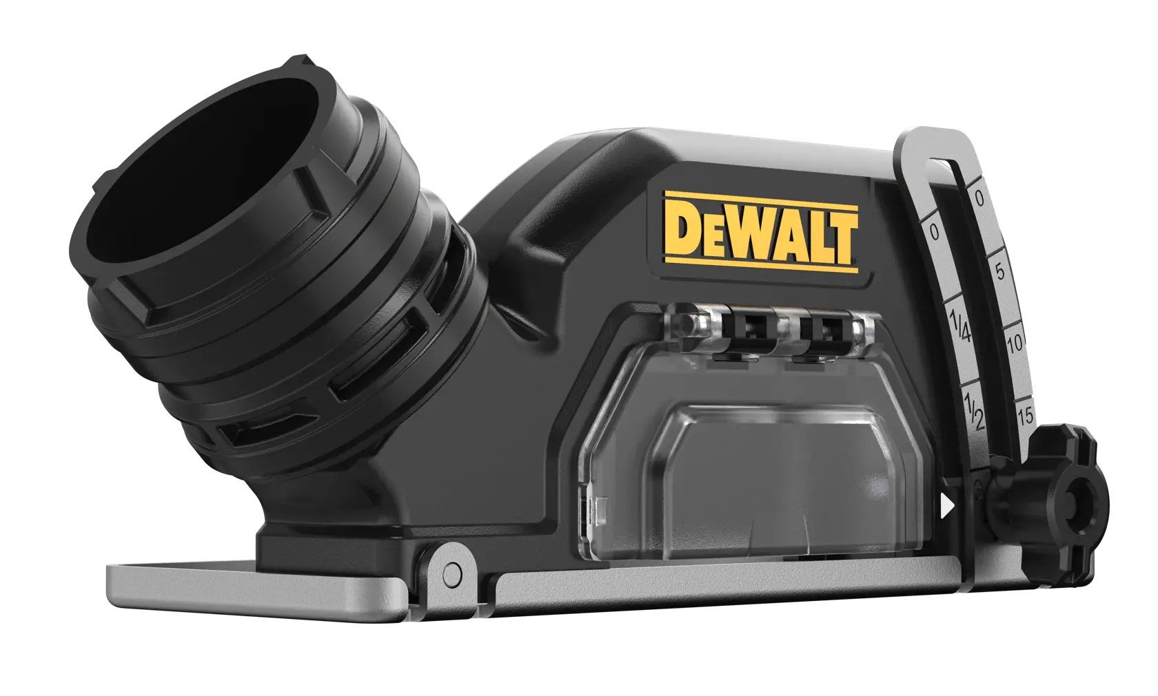 Imagen en primer plano de un accesorio para herramienta eléctrica DEWALT, específicamente un accesorio de extracción de polvo, con un diseño negro y transparente, una escala de medición y un conector.