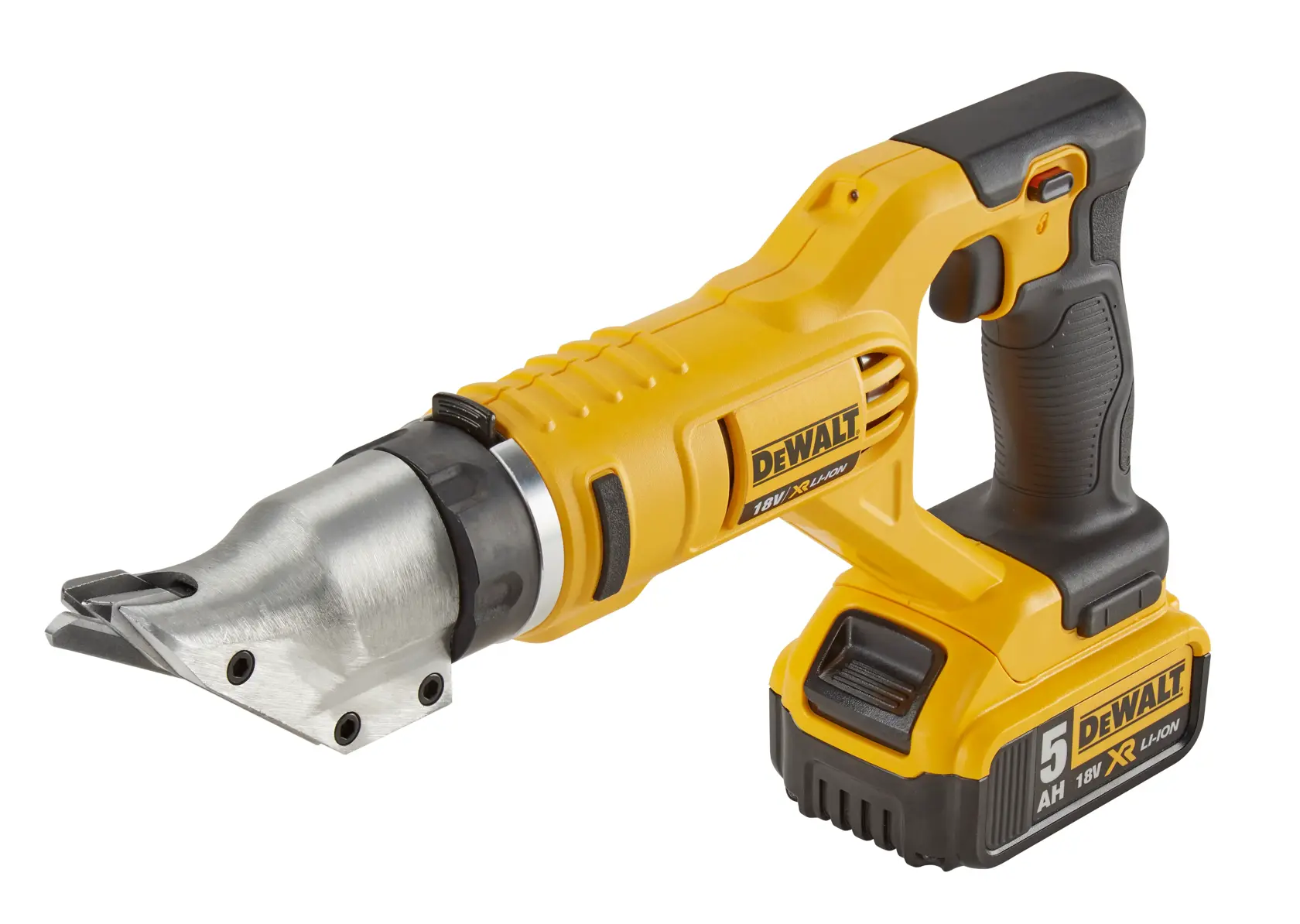 DEWALT Akku-Metallschere in Gelb-Schwarz, mit angeschlossenem Akku abgebildet.