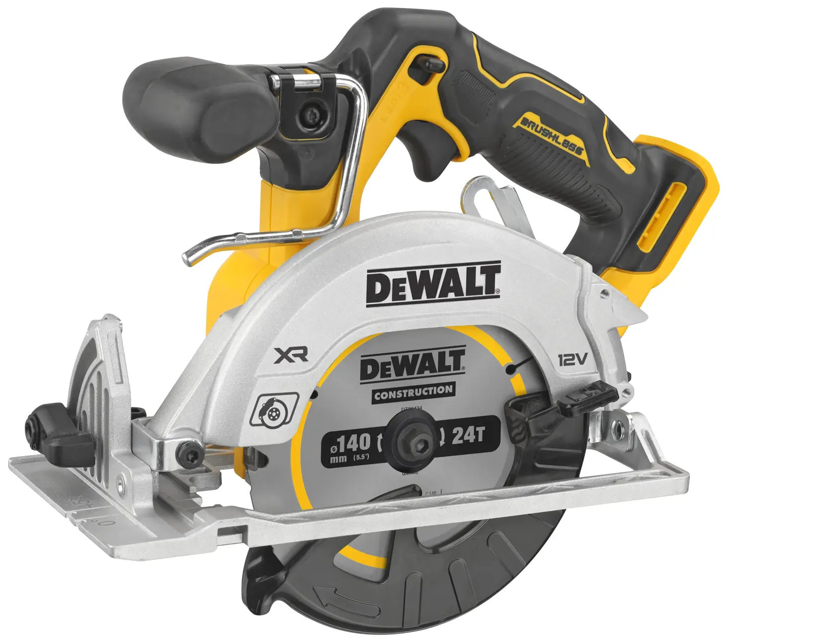 DEWALT cordless circular saw, compact 12V model, with ergonomic handle and construction blade.