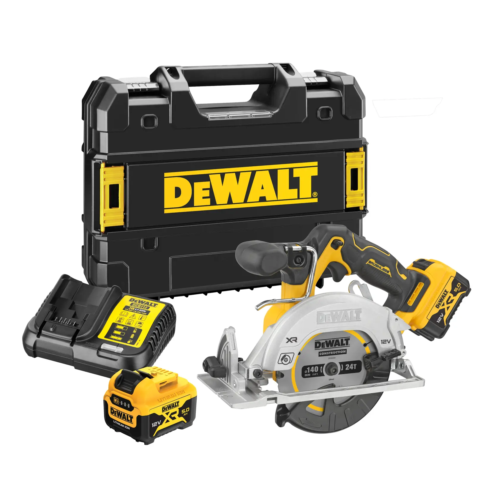 Kit de sierra circular inalámbrica DEWALT que incluye un estuche de transporte negro y amarillo, una sierra circular, un cargador de batería y dos baterías recargables.