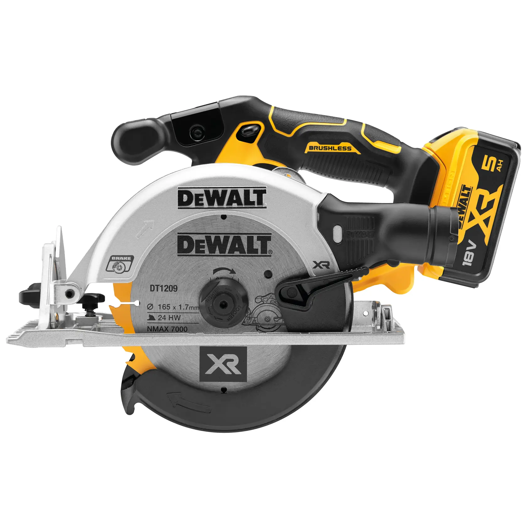 DEWALT cordless circular saw with battery, black and yellow, model DCS565P2 shown against a white background.