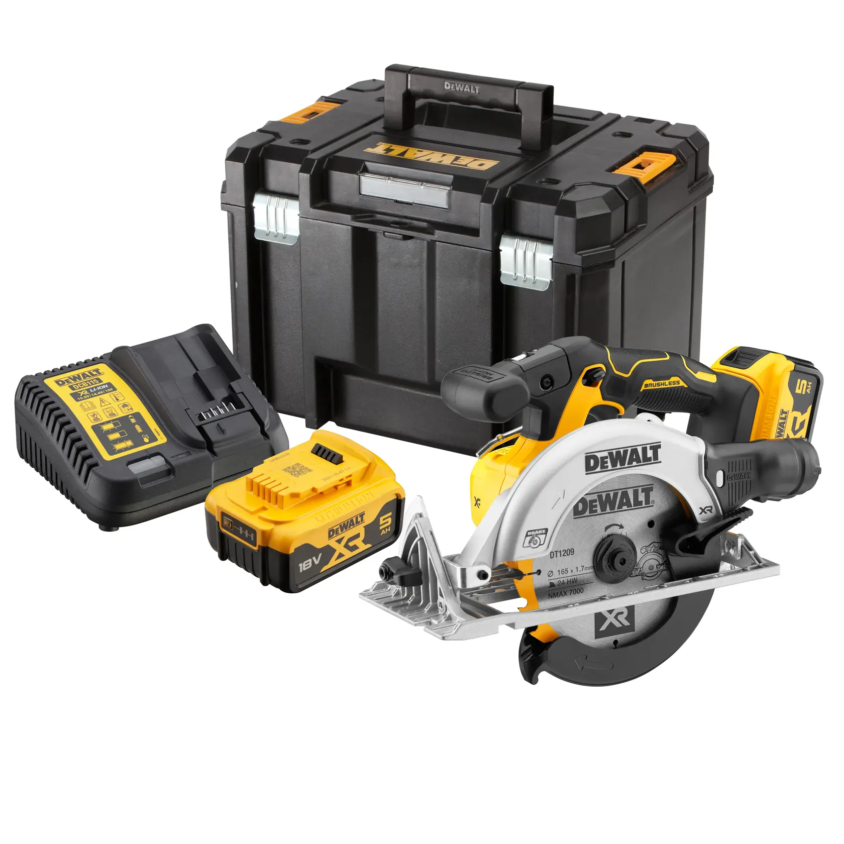 DEWALT cordless circular saw kit with blade, battery, charger, and tough storage case.