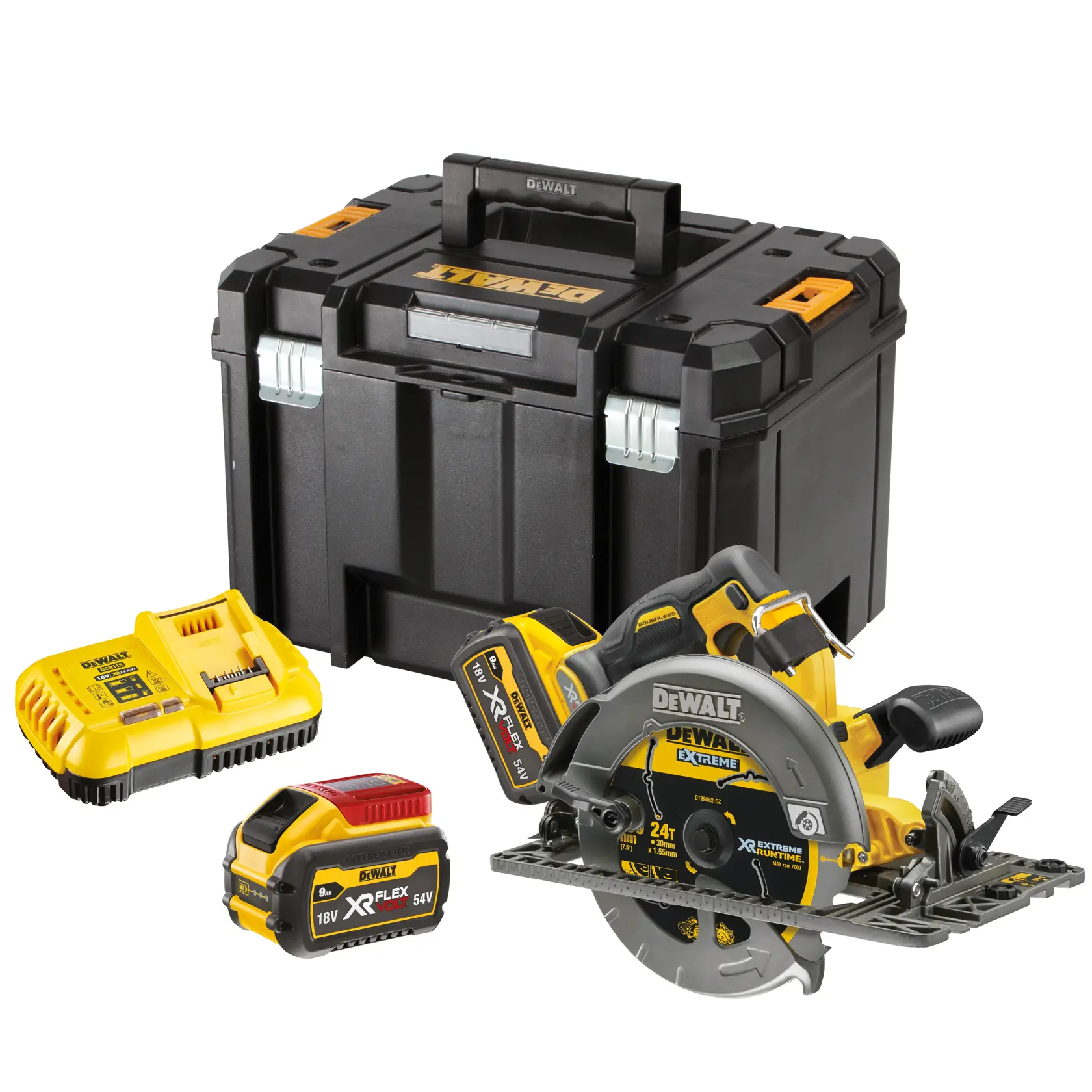 DEWALT cordless circular saw kit with battery, charger, and storage case shown on white background.