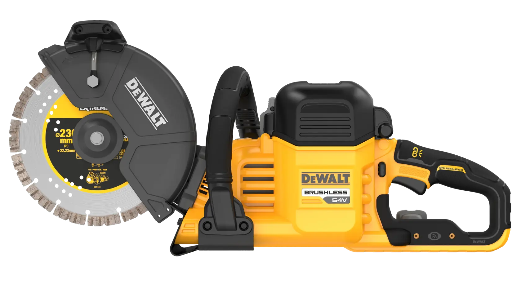Sierra de corte DEWALT 54V inalámbrica brushless con cubierta protectora, mango lateral y disco de corte.