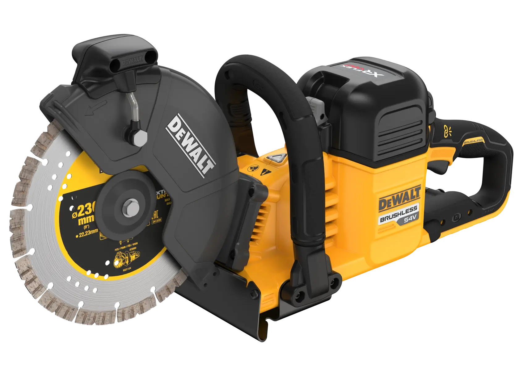 Sierra de corte DEWALT 54V inalámbrica con hoja de 230mm, en amarillo y negro.