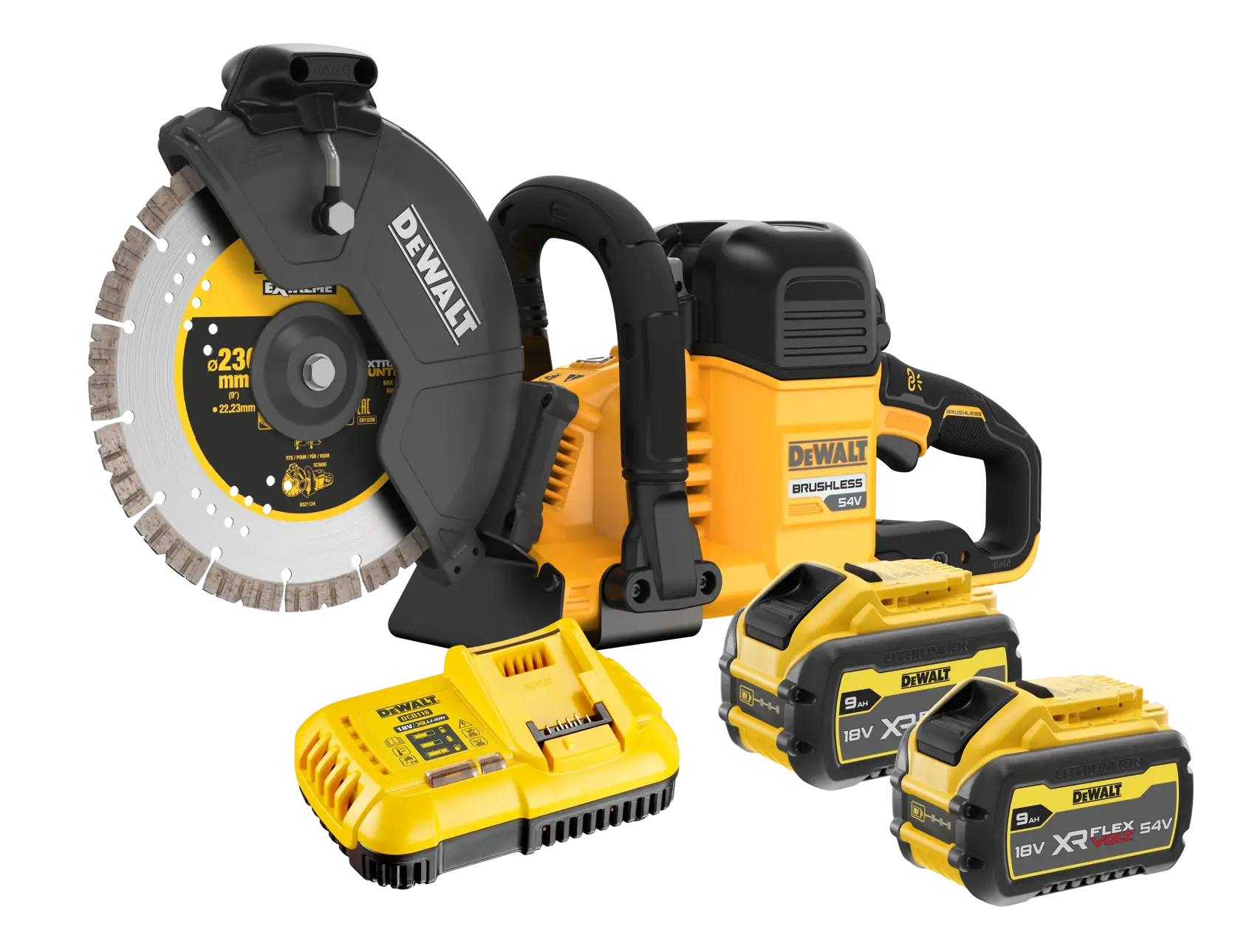 Kit de sierra de corte inalámbrica DEWALT con motor sin escobillas y disco de 230 mm, mostrado con dos baterías XR FlexVolt de 18V/54V y un cargador amarillo.