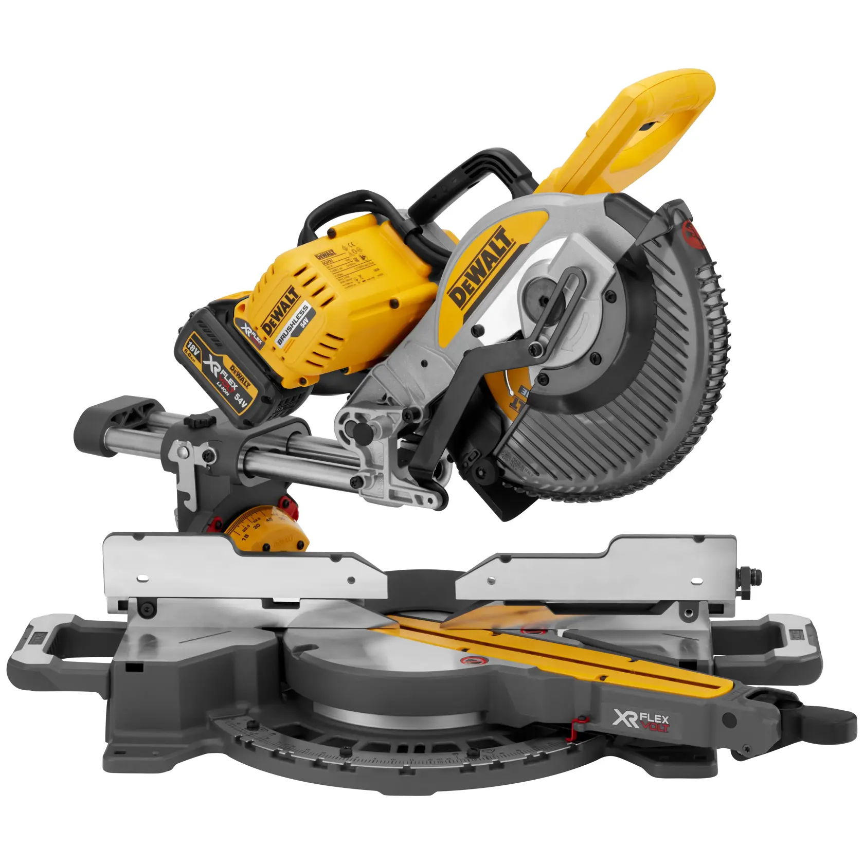 A DEWALT cordless sliding compound miter saw, model DCS727T2, with yellow and black color scheme. The saw is equipped with an XR FLEXVOLT battery and features a robust metal base with measurement markings.