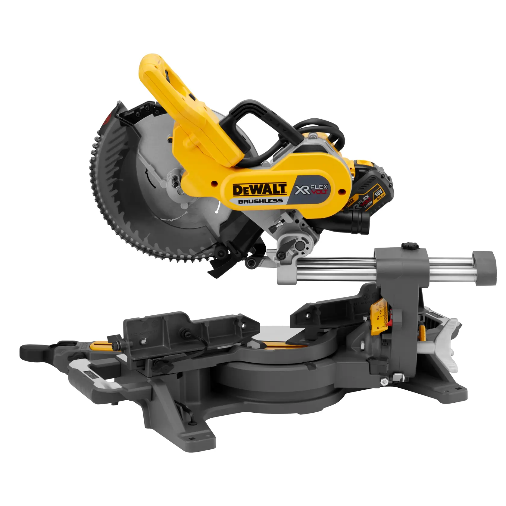 A DEWALT cordless brushless sliding compound miter saw with yellow and black accents, featuring XR FLEXVOLT technology. The saw is positioned on a sturdy base, ready for precise woodworking cuts.