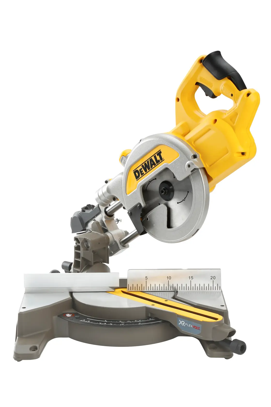 A DEWALT cordless miter saw with a yellow and silver body, adjustable cutting angles, and a built-in ruler, shown against a white background.