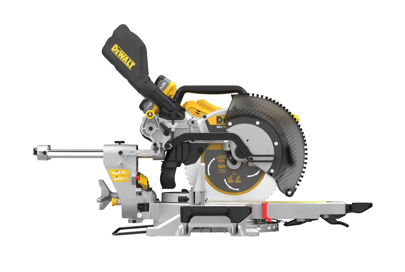 Side view of a DEWALT cordless electric miter saw with yellow and black design and dust bag attachment.
