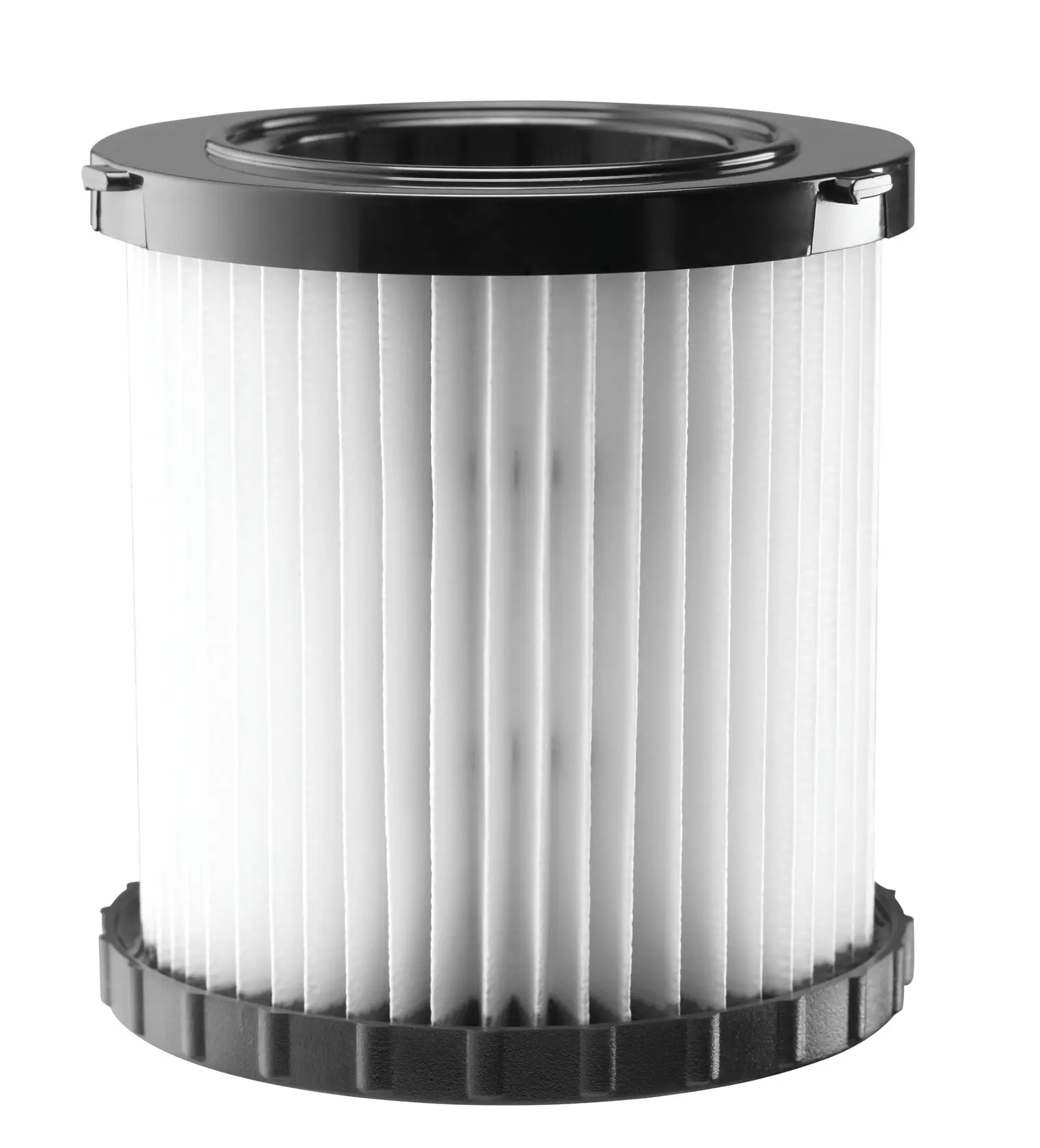 A cylindrical vacuum filter with pleated white material and black plastic end caps, shown against a white background.