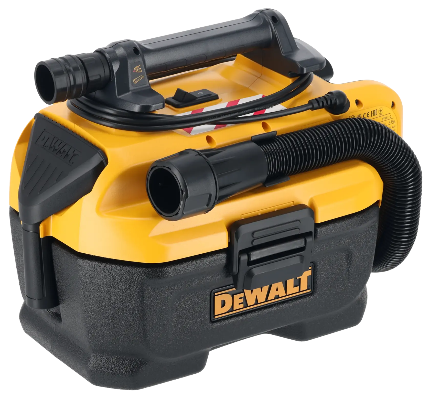 Aspiradora portátil DEWALT para húmedo/seco con asa y manguera, amarilla y negra, modelo DCV584L.