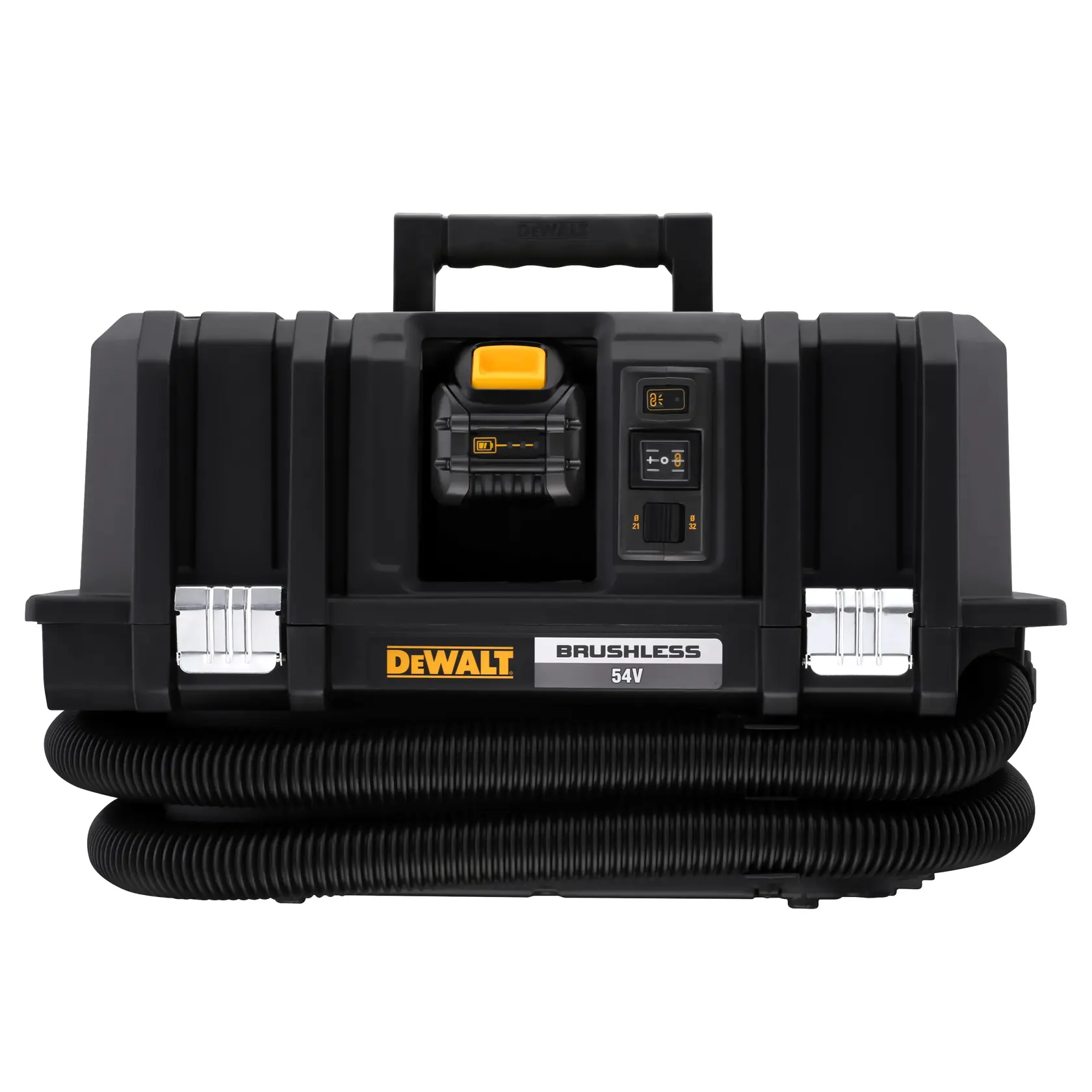 Aspiradora portátil DEWALT 54V sin escobillas con manguera, asa y panel de control, negro y amarillo.