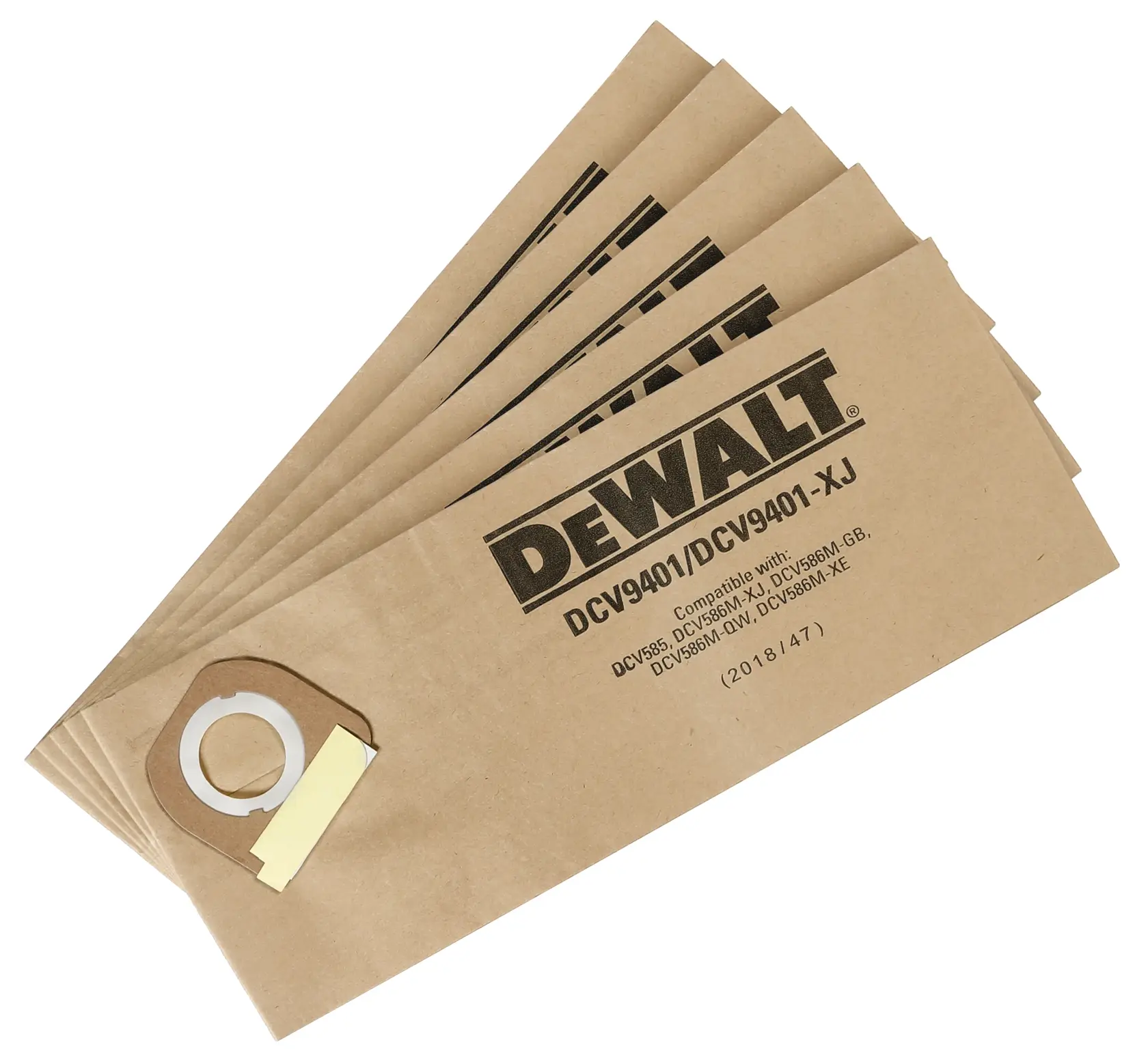 A set of five DEWALT DCV9401 vacuum cleaner dust bags made of brown paper, suitable for select DEWALT models. The bags are fanned out and display the product code and compatibility information.