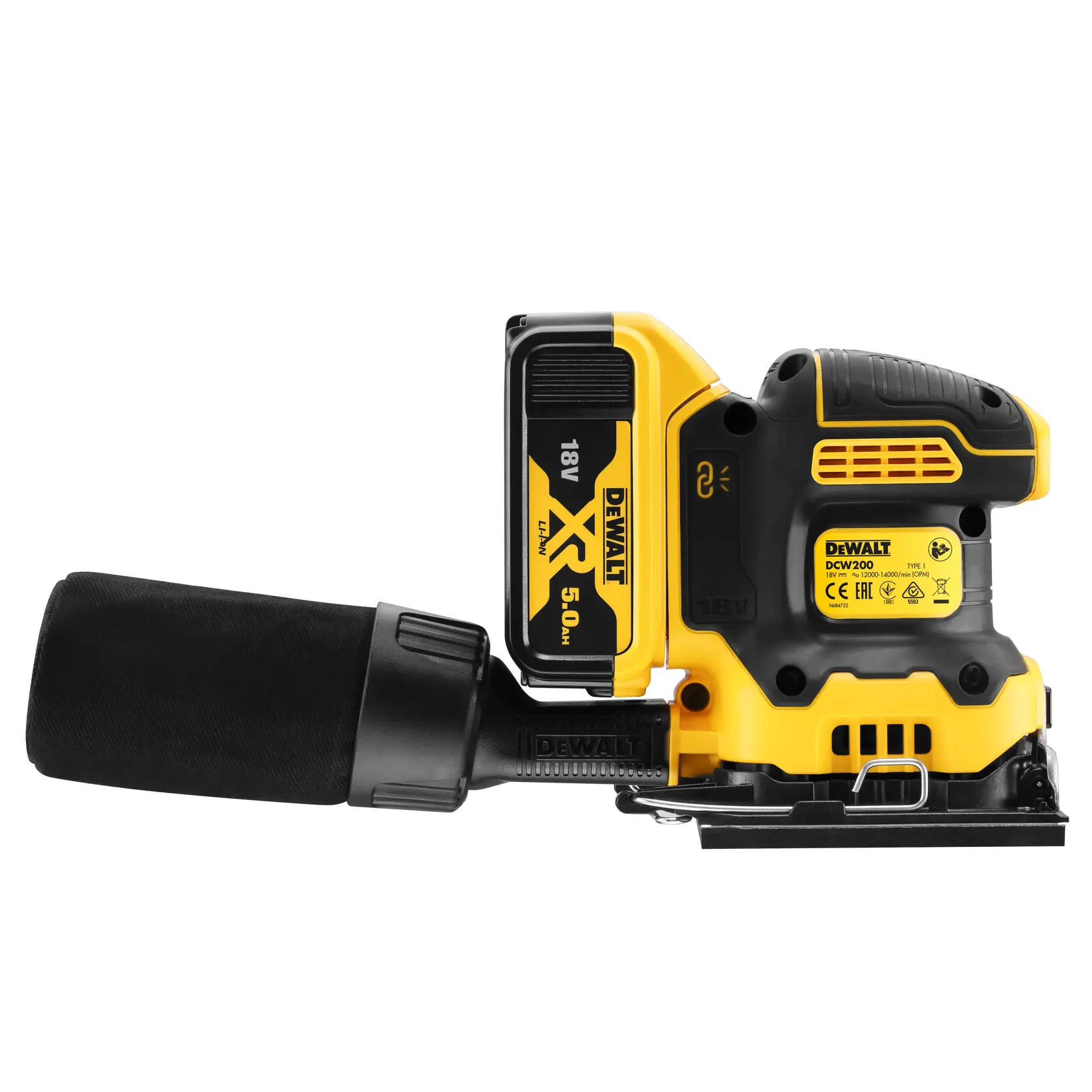 Lijadora inalámbrica DEWALT DCW200P2 18V amarilla y negra con colector de polvo.