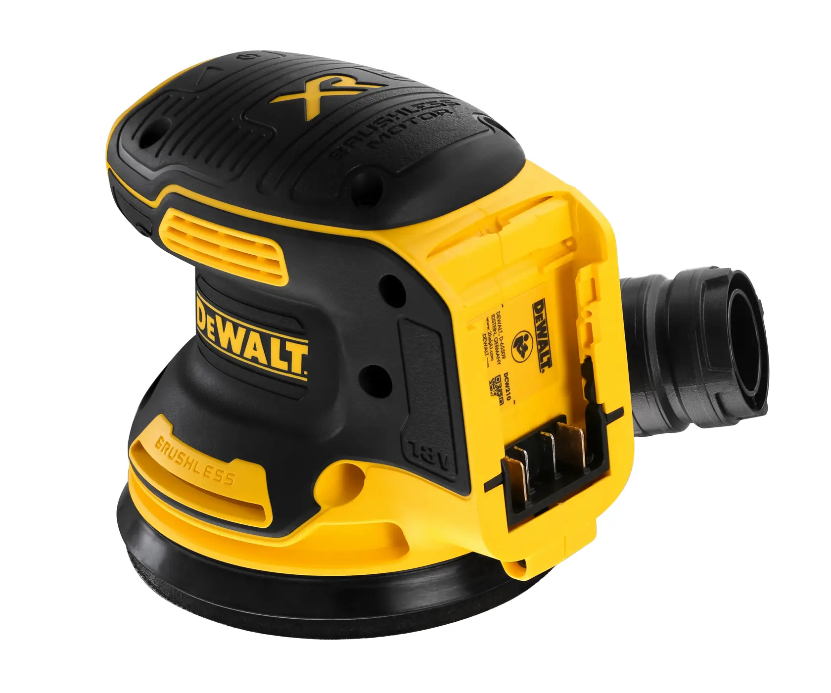 Una lijadora orbital aleatoria inalámbrica de motor sin escobillas DEWALT, modelo DCW210NT, mostrada en amarillo y negro con el compartimento de la batería visible.