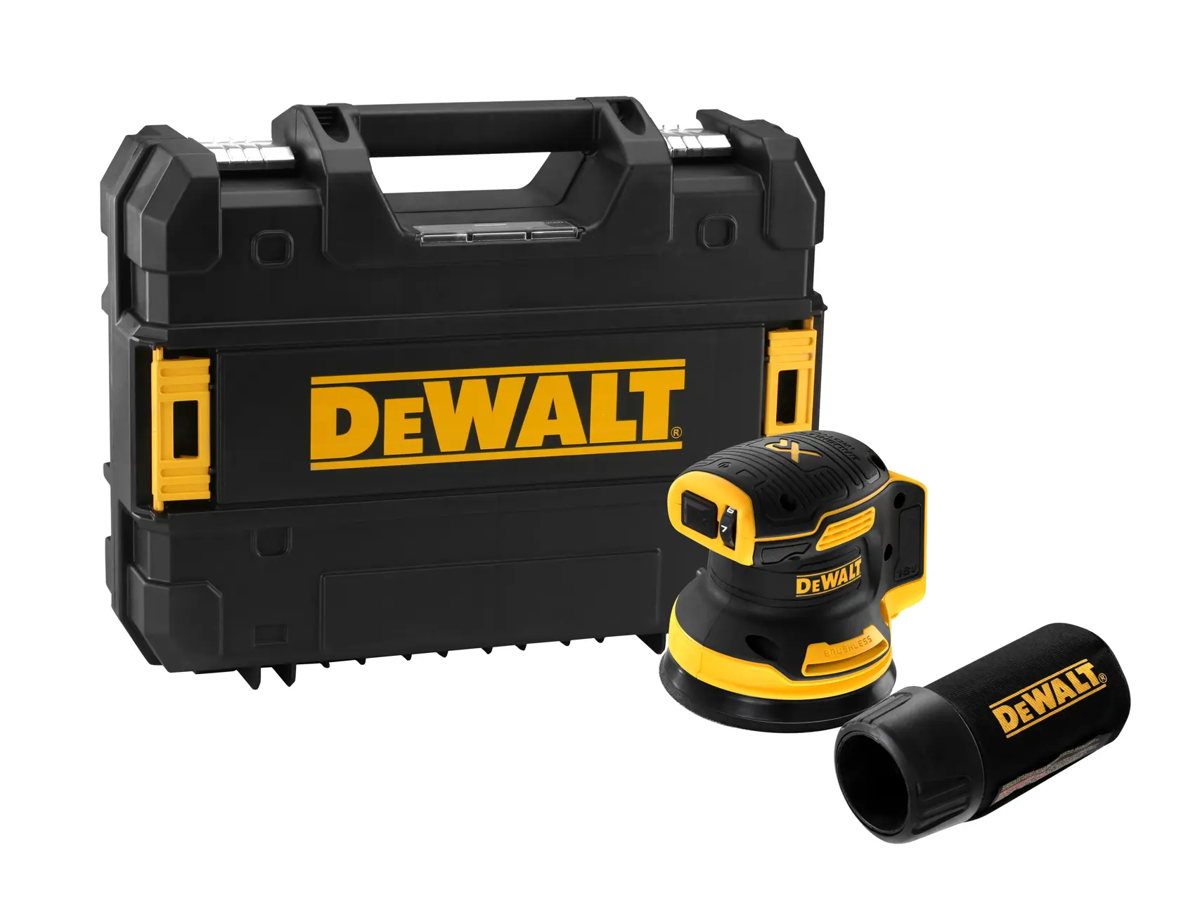 Lijadora inalámbrica DEWALT con recolector de polvo y maletín rígido, en negro y amarillo.