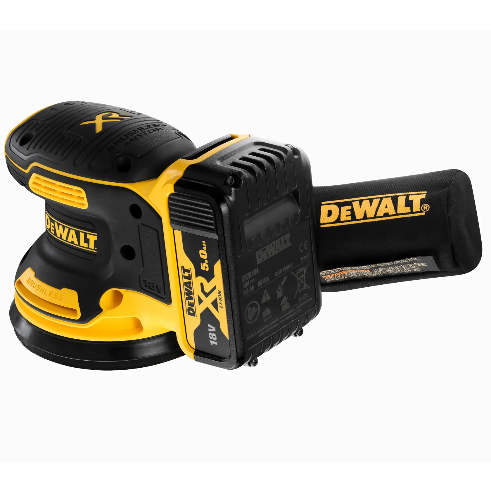 A DEWALT cordless random orbital sander, model DCW210P2, with a black and yellow design. It features a brushless motor, 18V XR 5.0Ah battery, and a dust collection bag attached to the rear.