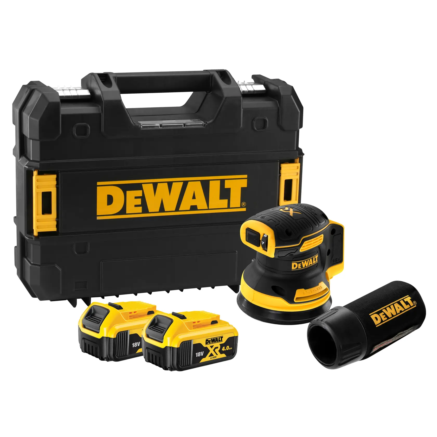 DEWALT cordless sander kit with two batteries, dust collector, and carrying case, shown on a white background.