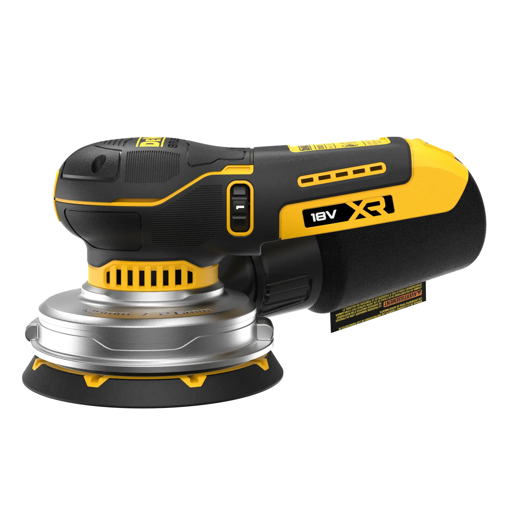 DEWALT 18V XR cordless sander in black and yellow, shown from the side on a white background.