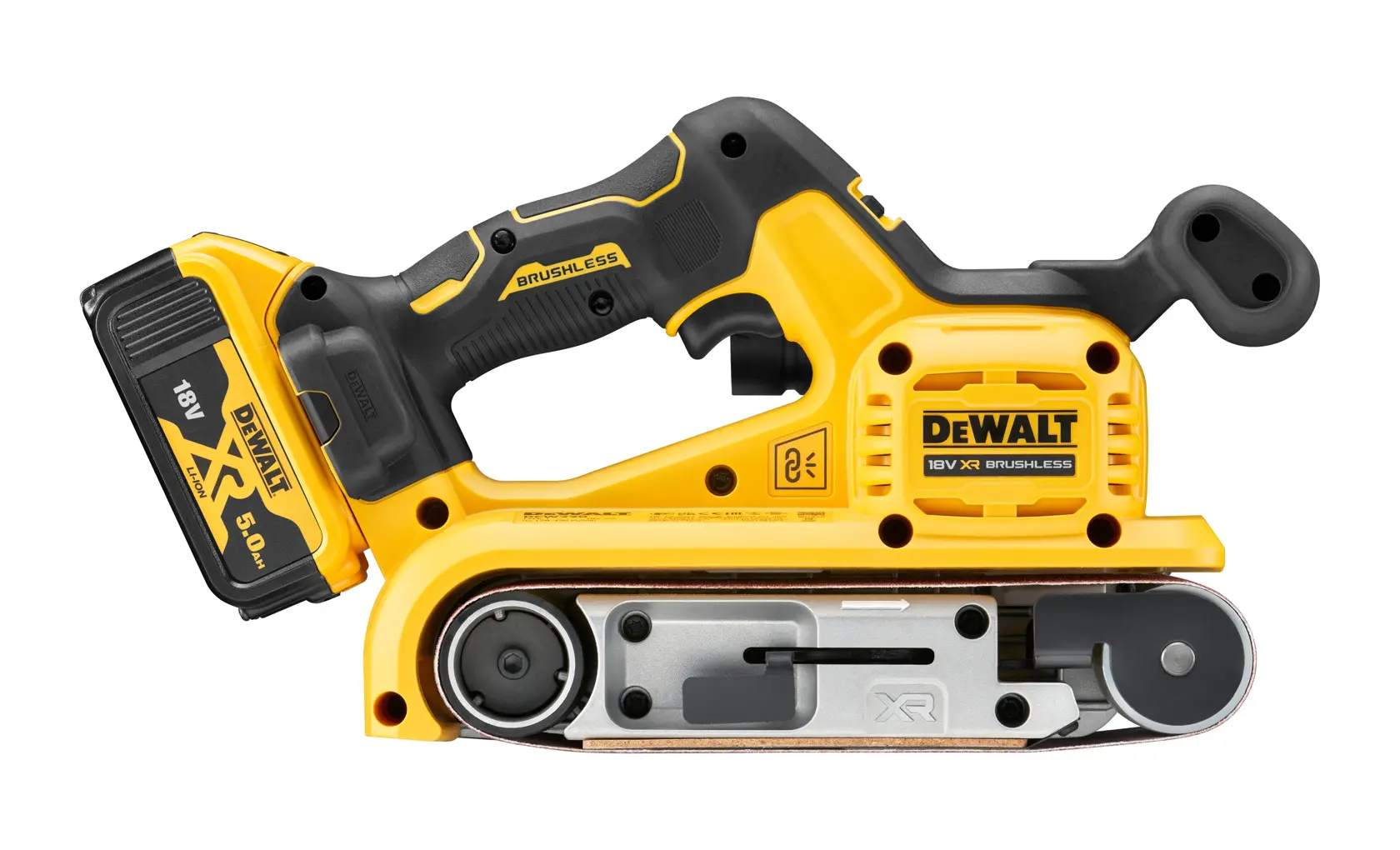DEWALT DCW220P2 cordless belt sander with brushless motor and 18V XR battery, yellow and black design.