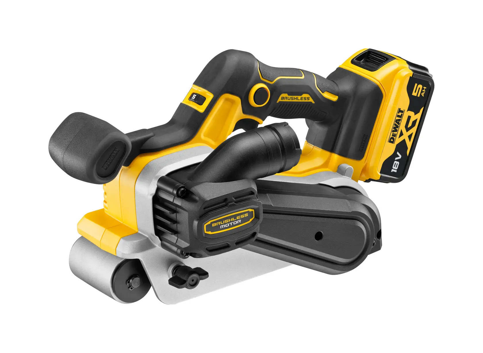 Cordless DEWALT belt sander with brushless motor and 18V battery, designed for sanding wood surfaces.