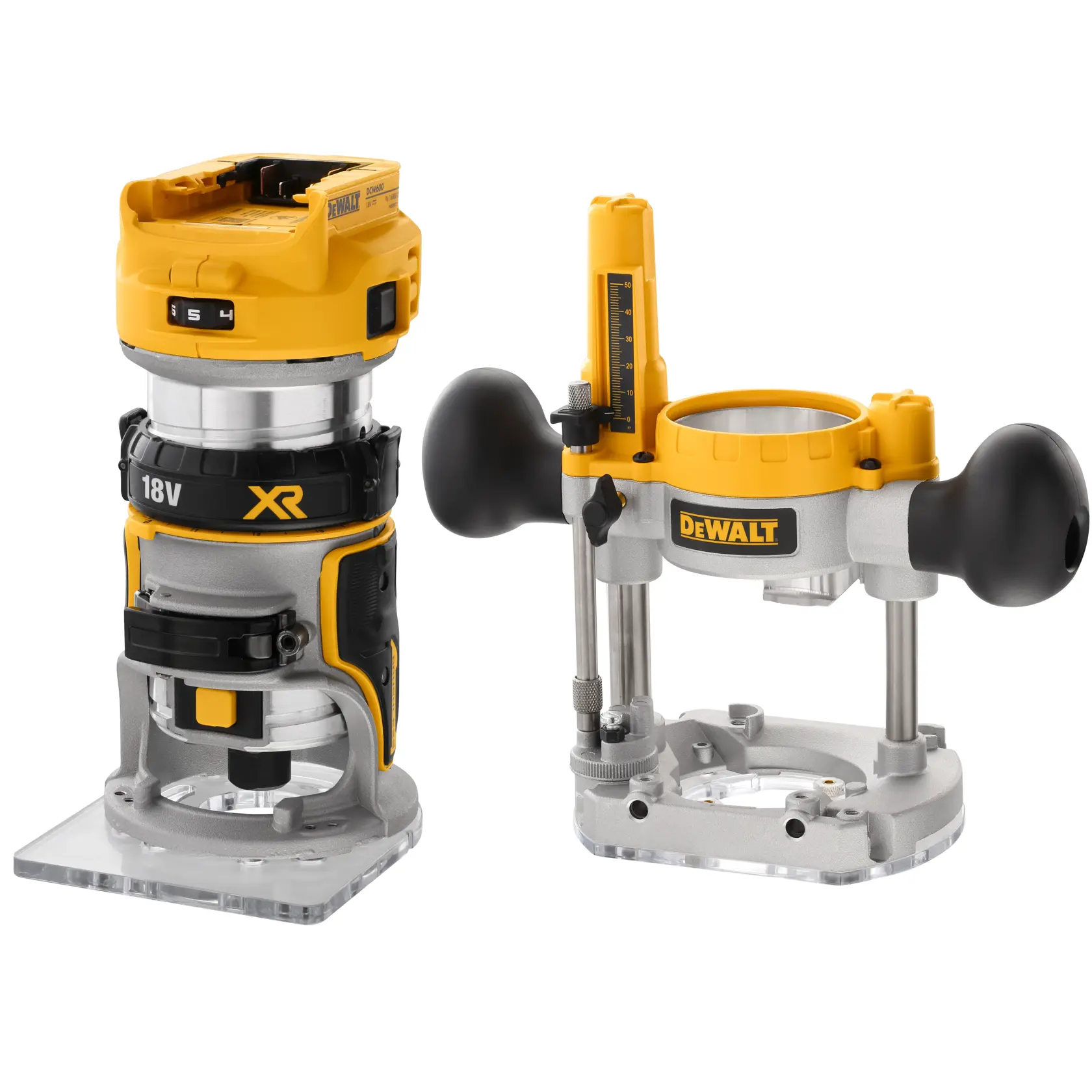 DEWALT photography tools DCW604N, DCW604NT-XJ, DCW604NT shown side by side in silver and yellow.