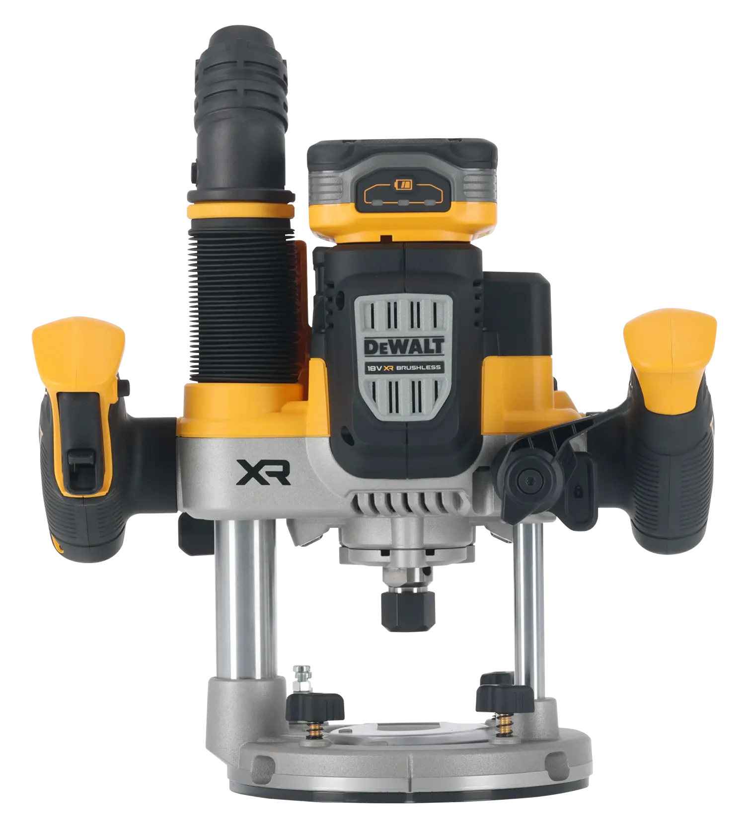 DEWALT XR Akku-Fräse mit zwei Griffen, silber-gelb, Vorderansicht auf weißem Hintergrund.