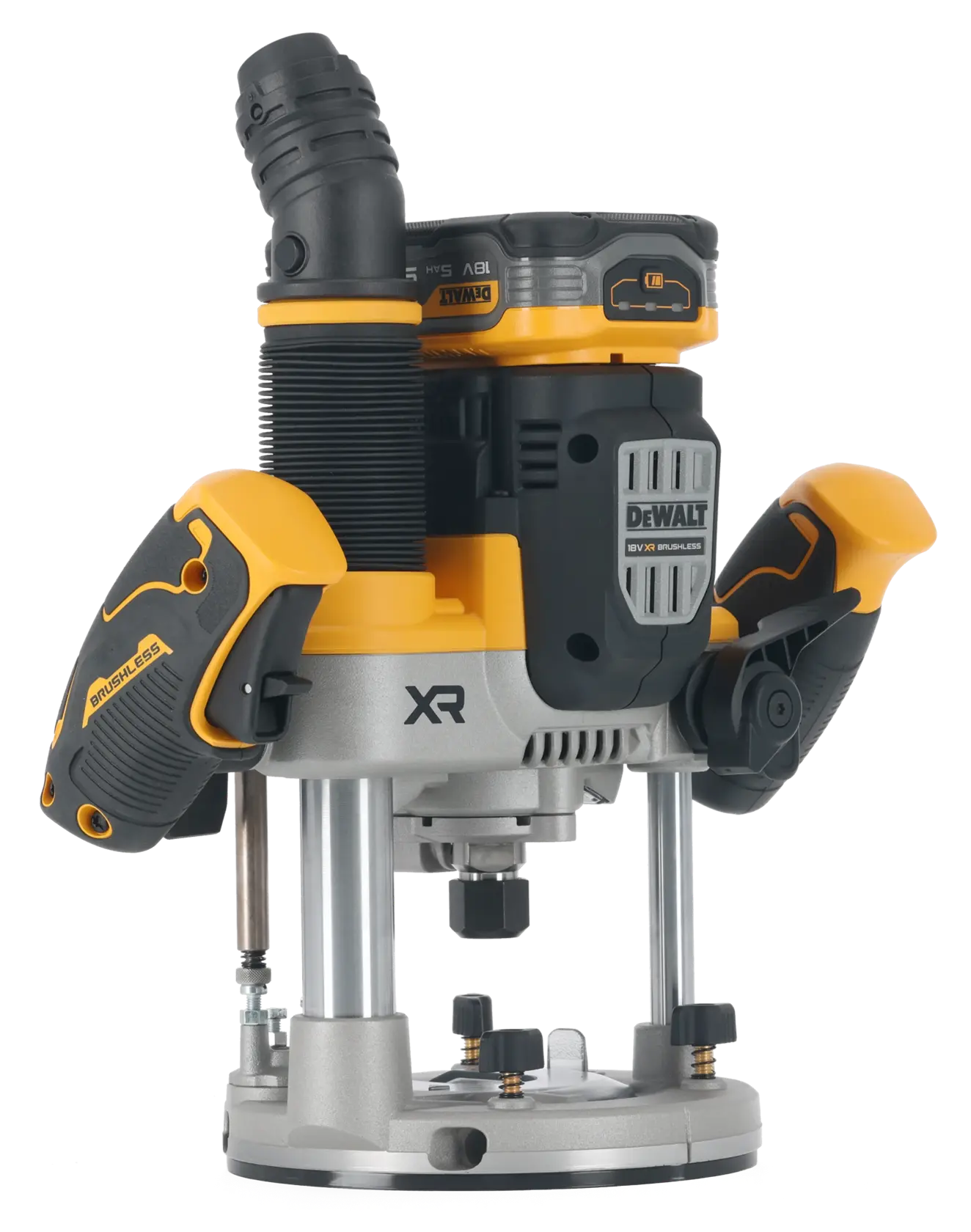 DEWALT XR kabelloser Fräse mit bürstenlosem Motor, ergonomischen Griffen und Staubabsaugung.