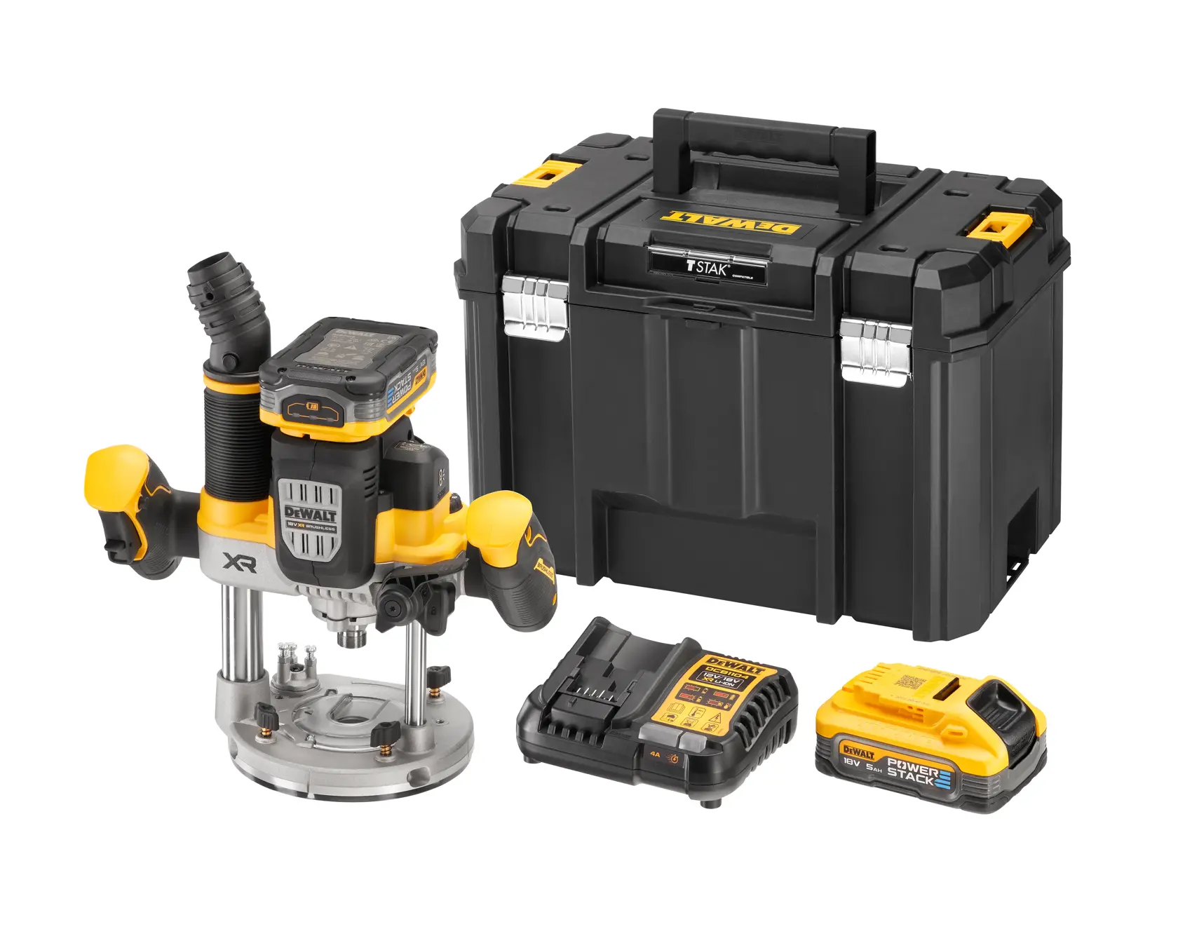 DEWALT Akku-Fräserset mit Fräse, Akku, Ladegerät und schwarzem Transportkoffer auf weißem Hintergrund.