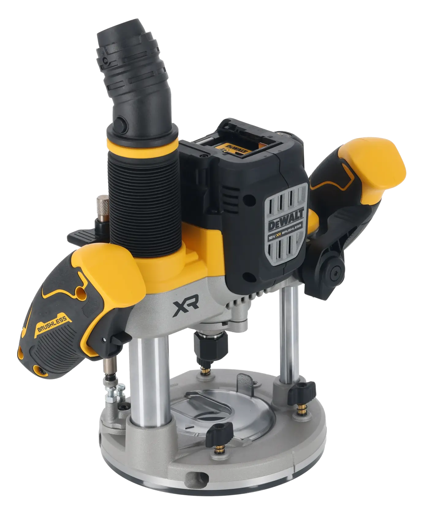 Fresadora inalámbrica DEWALT, diseño amarillo y negro, motor sin escobillas y mangos ergonómicos.