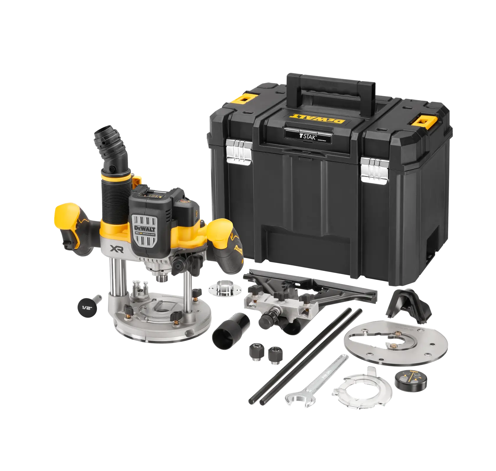 Fresadora DEWALT con accesorios y caja resistente. Hay varios complementos incluidos.