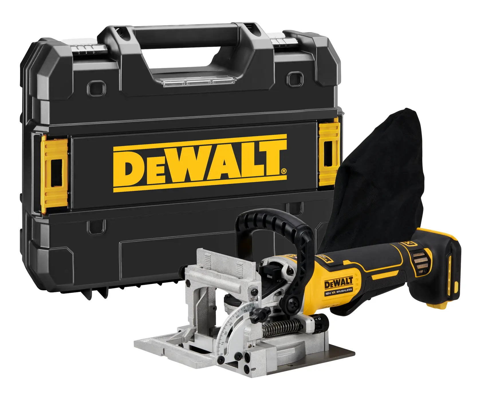 A DEWALT cordless joiner tool with a dust bag attachment, positioned in front of a black DEWALT carrying case with yellow accents.