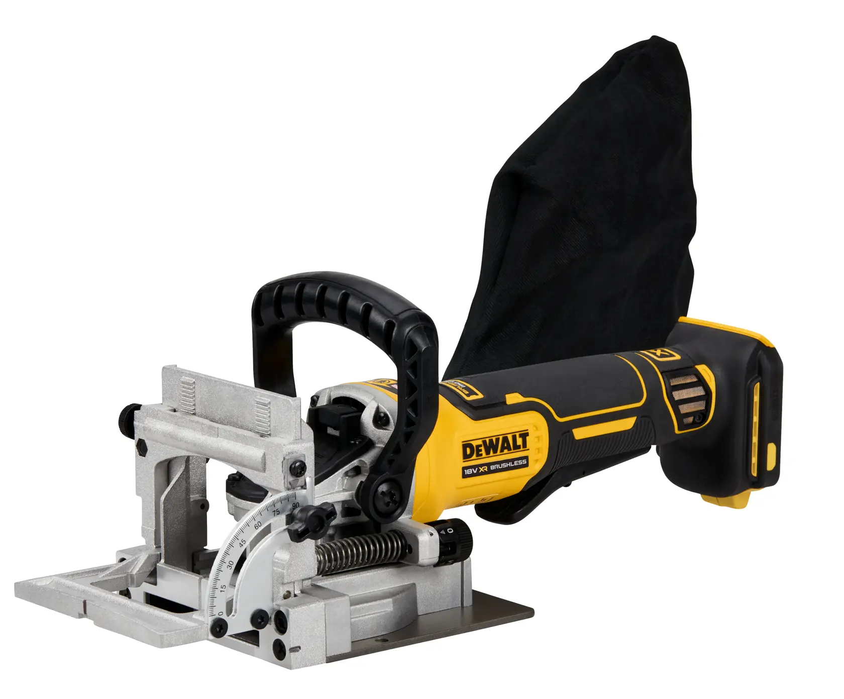 Cordless DEWALT biscuit joiner with a yellow and black body, ergonomic handle, metal cutting base, and attached dust bag, used for woodworking.